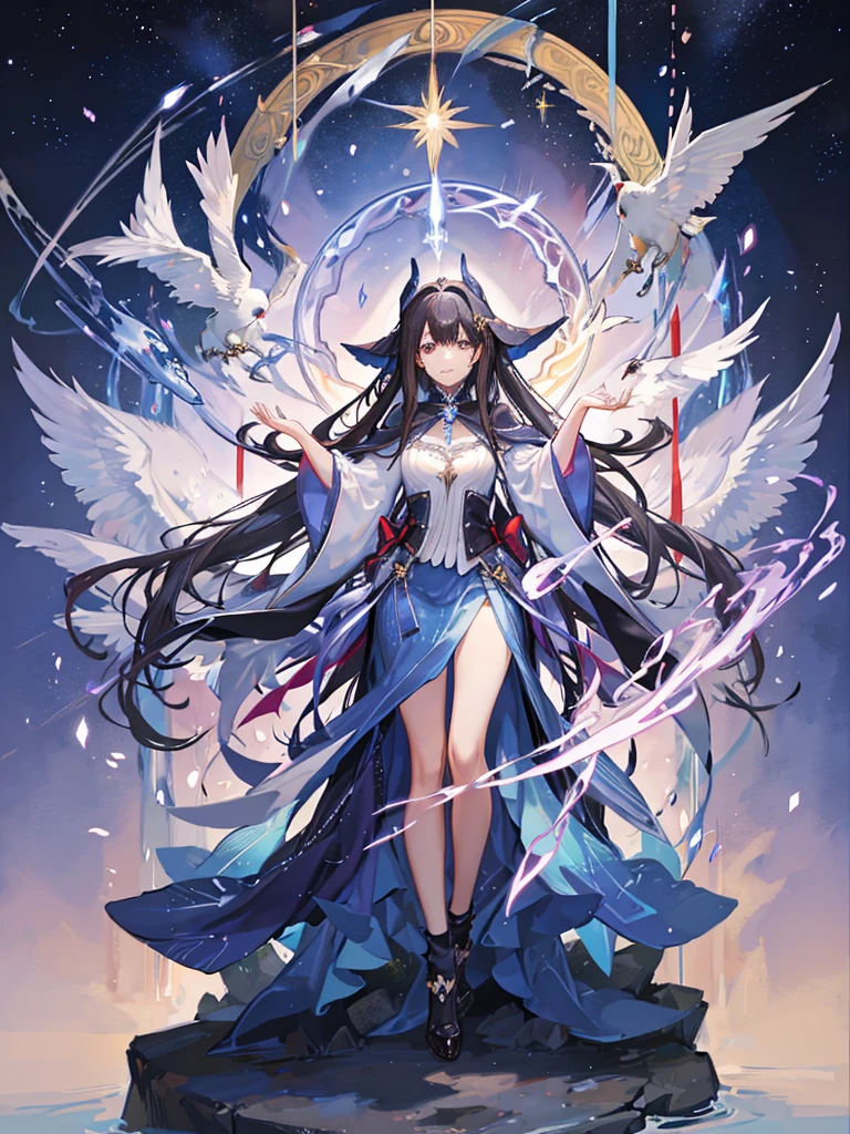 highest quality、Masterpiece、magic circle、Wizard、Black Hair、long hair、Big Eyes、Wizardの衣装、Have a magic wand、Standing pose