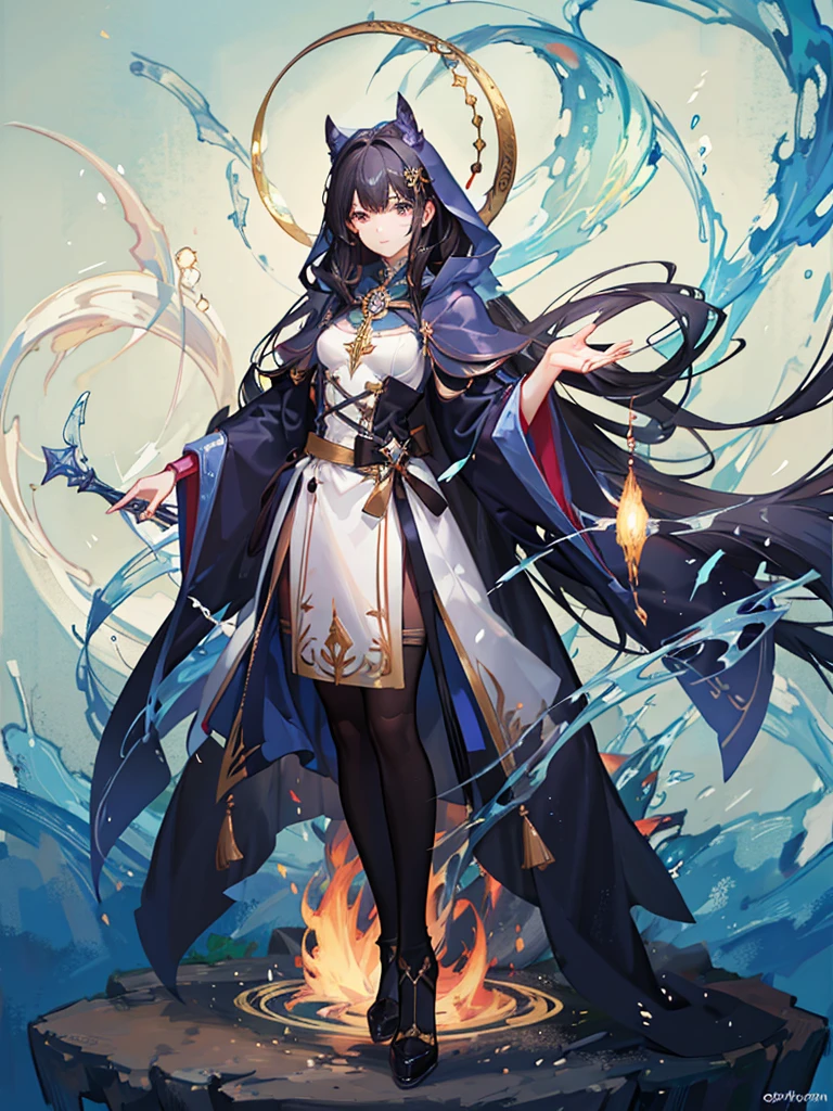 highest quality、Masterpiece、magic circle、Wizard、Black Hair、long hair、Big Eyes、Wizardの衣装、Have a magic wand、Standing pose