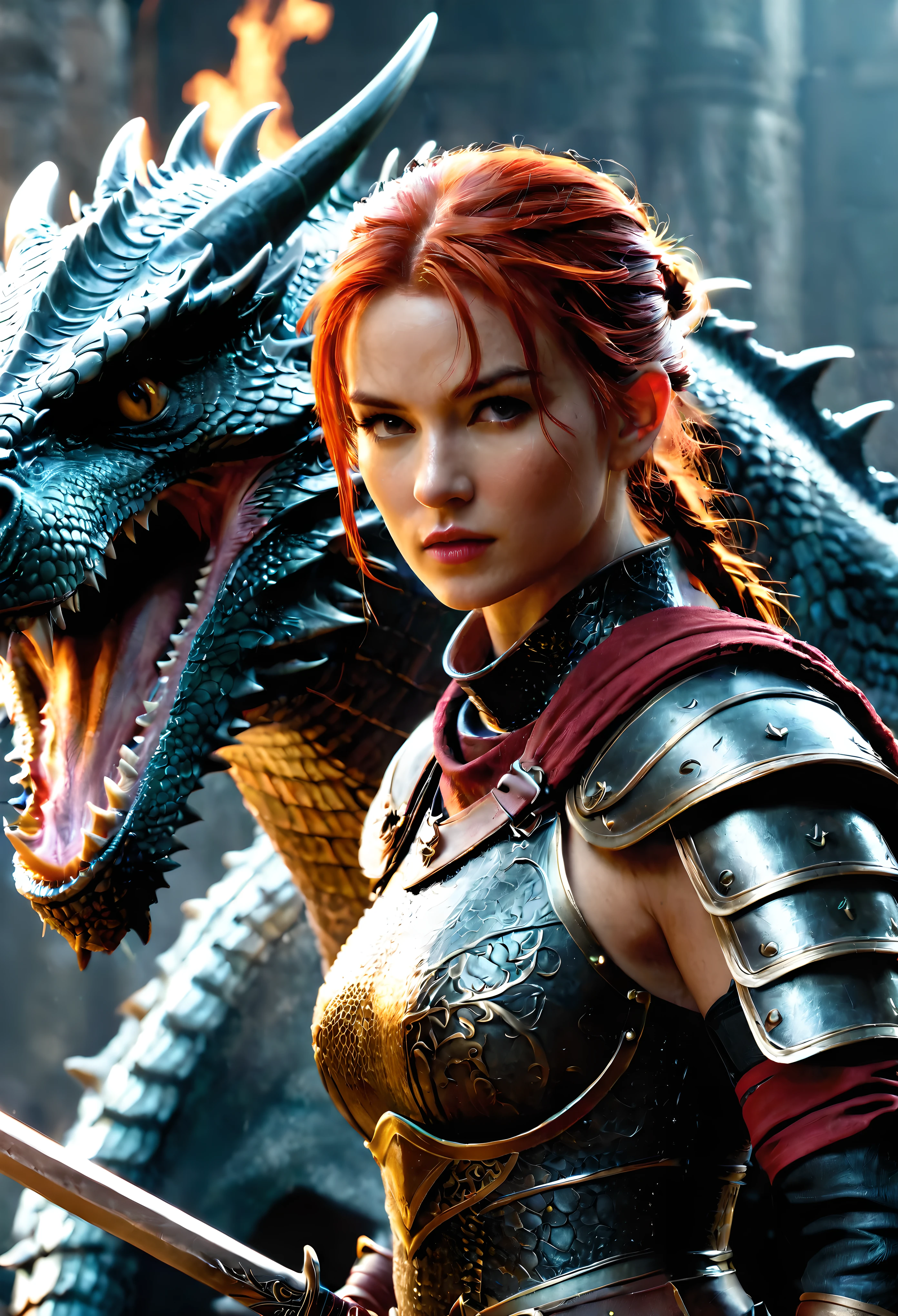 ((Create a cinematic shot of A DnD Female Fighter as she stands over a dead Dragon body):1.3), ((Dead Dragon):1.1). | The image should be a masterpiece rendered in maximum 16K resolution, ensuring unparalleled detail and clarity. | Emphasize soft color photography techniques to create a gentle and harmonious color palette that enhances the cinematic feel of the image. | Aim for ultra-detailed imagery with meticulous attention to anatomical correctness, textures, and fine details, ensuring a lifelike portrayal of the subject. | Capturing dynamic angles and perspectives reminiscent of movie stills. Avoid extreme angles or exaggerated expressions to maintain realism. | Incorporate subtle motion blur to convey a sense of speed and dynamism, adding depth and energy to the composition. Utilize the Tyndall effect to enhance atmospheric lighting and create a visually captivating scene. | Experiment with both ultra-low-angle and fisheye lens perspectives to explore different visual aesthetics and compositions. | DnD Female Fighter should be depicted as a fresh supermodel beauties with messy red hear and wearing exotic DnD Female Fighters equipments exuding confidence and beauty. | Utilize the dim lighting effect of the Dungeon to enhance the danger and vibrancy of the scene, creating a visually stunning portrayal. | Aim for a realistic depiction of DnD Female Fighters, with textured skin and detailed features. | Ensure the image is captured with sharp focus and minimal noise, utilizing advanced rendering techniques such as RTX and Unreal Engine for optimal visual quality. | Infuse the image with a cinematic atmosphere, incorporating elements such as film grain and dark, moody tones to evoke a sense of drama and suspense. a cinematic masterpiece that immerses viewers in a visually stunning portrayal of DnD Female Fighters. | ((perfect_composition, perfect_design, perfect_layout, perfect_detail, ultra_detailed)), ((enhance_all, fix_everything)), More Detail, Enhance.
