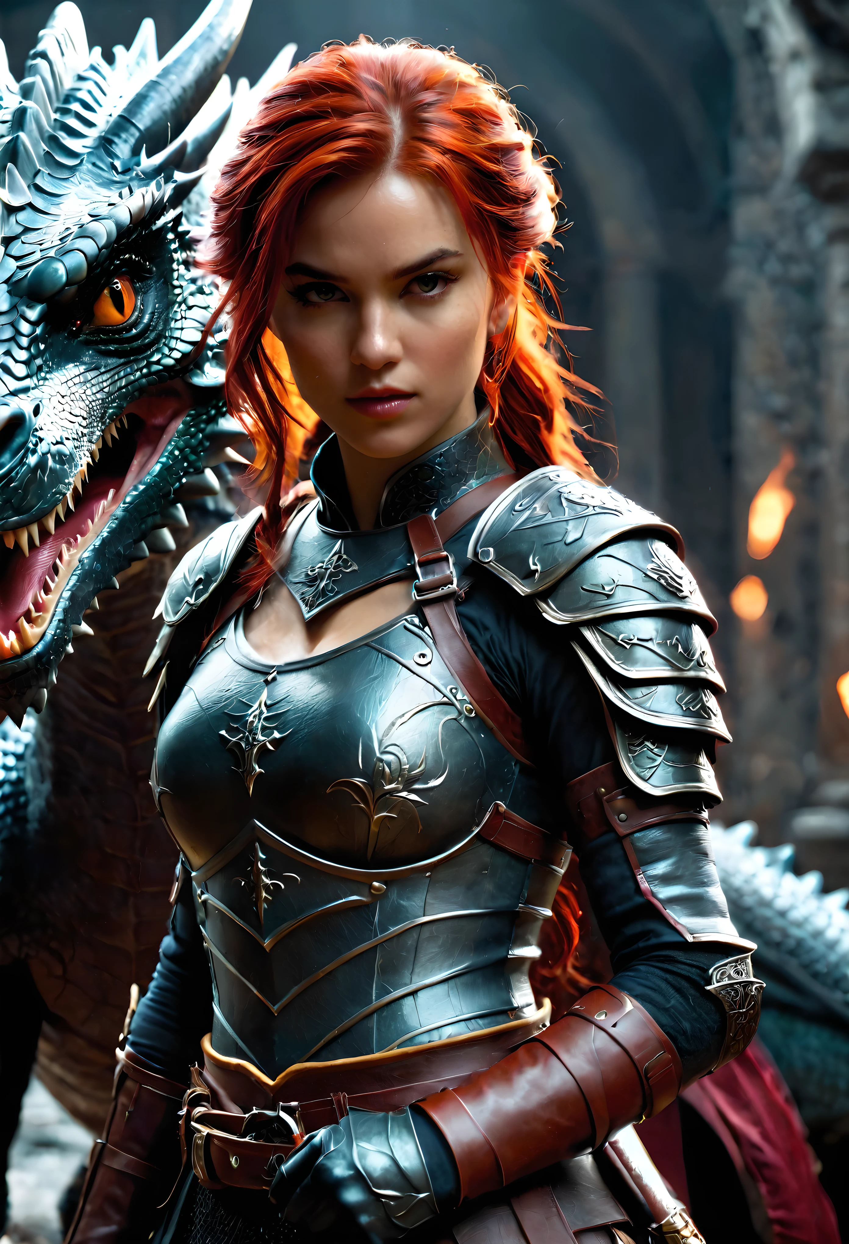((Create a cinematic shot of A DnD Female Fighter as she stands over a dead Dragon body):1.3), ((Dead Dragon):1.1). | The image should be a masterpiece rendered in maximum 16K resolution, ensuring unparalleled detail and clarity. | Emphasize soft color photography techniques to create a gentle and harmonious color palette that enhances the cinematic feel of the image. | Aim for ultra-detailed imagery with meticulous attention to anatomical correctness, textures, and fine details, ensuring a lifelike portrayal of the subject. | Capturing dynamic angles and perspectives reminiscent of movie stills. Avoid extreme angles or exaggerated expressions to maintain realism. | Incorporate subtle motion blur to convey a sense of speed and dynamism, adding depth and energy to the composition. Utilize the Tyndall effect to enhance atmospheric lighting and create a visually captivating scene. | Experiment with both ultra-low-angle and fisheye lens perspectives to explore different visual aesthetics and compositions. | DnD Female Fighter should be depicted as a fresh supermodel beauties with messy red hear and wearing exotic DnD Female Fighters equipments exuding confidence and beauty. | Utilize the dim lighting effect of the Dungeon to enhance the danger and vibrancy of the scene, creating a visually stunning portrayal. | Aim for a realistic depiction of DnD Female Fighters, with textured skin and detailed features. | Ensure the image is captured with sharp focus and minimal noise, utilizing advanced rendering techniques such as RTX and Unreal Engine for optimal visual quality. | Infuse the image with a cinematic atmosphere, incorporating elements such as film grain and dark, moody tones to evoke a sense of drama and suspense. a cinematic masterpiece that immerses viewers in a visually stunning portrayal of DnD Female Fighters. | ((perfect_composition, perfect_design, perfect_layout, perfect_detail, ultra_detailed)), ((enhance_all, fix_everything)), More Detail, Enhance.
