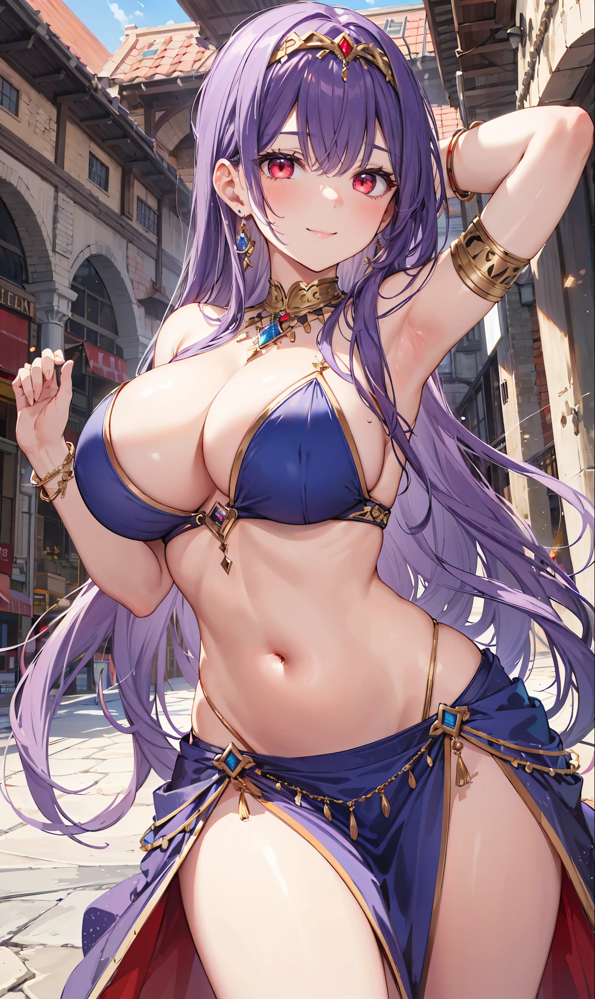 high quality, ultra detailed, best quality, insanely detailed, beautiful, masterpiece, 1girl, medieval plaza, cowboy shot, red eyes, long hair, purple hair, belly dancer, circlet, earrings, armlets, bracelets, bashful smile, large breasts, cleavage, soft stomach