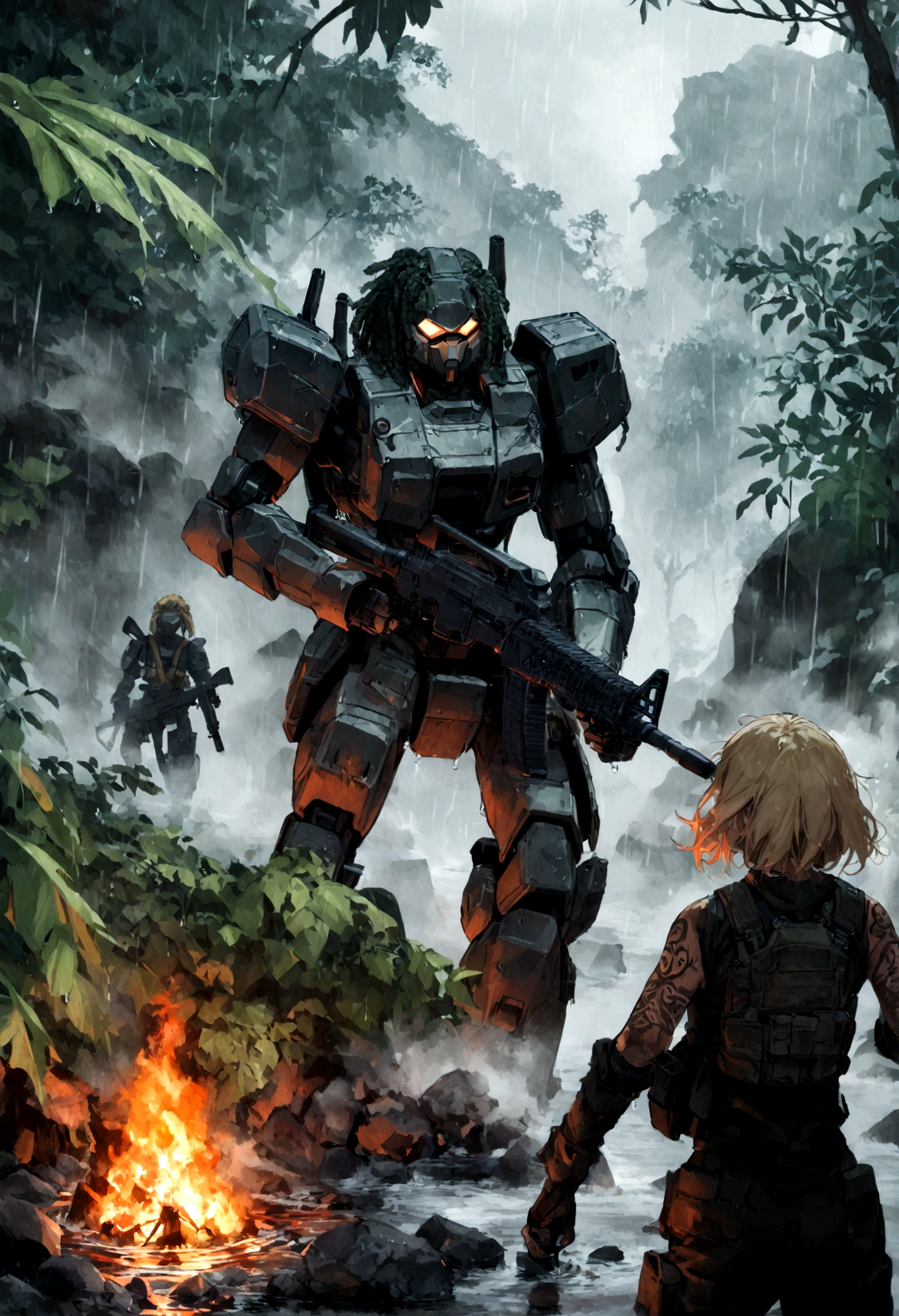 two girl army stood in the water, holding the gun M4 in my hands, I felt a sense of power and responsibility like never before. Postapocalyptic combat scene of a Beautiful female soldier On Patrol, In a Jungle, Walking down a Stream, (((with Runic tattoos))), ((dirty face)), (((wearing Black Full mecha armor, combat harness, Neon highlights, holding a assault rifle))) Short Blonde Dreadlocks, combat pose, (((Walking along a stream in a jungle, Fires, Smoke, debris, Camo netting, Ammo Boxes, Rain, Stormy, Wet, abstract beauty, near perfection, burning scene in the background,