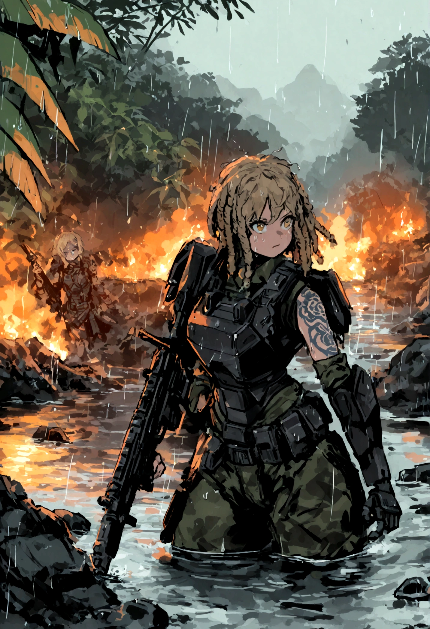 two girl army stood in the water, holding the gun M4 in my hands, I felt a sense of power and responsibility like never before. Postapocalyptic combat scene of a Beautiful female soldier On Patrol, In a Jungle, Walking down a Stream, (((with Runic tattoos))), ((dirty face)), (((wearing Black Full mecha armor, combat harness, Neon highlights, holding a assault rifle))) Short Blonde Dreadlocks, combat pose, (((Walking along a stream in a jungle, Fires, Smoke, debris, Camo netting, Ammo Boxes, Rain, Stormy, Wet, abstract beauty, near perfection, burning scene in the background,
