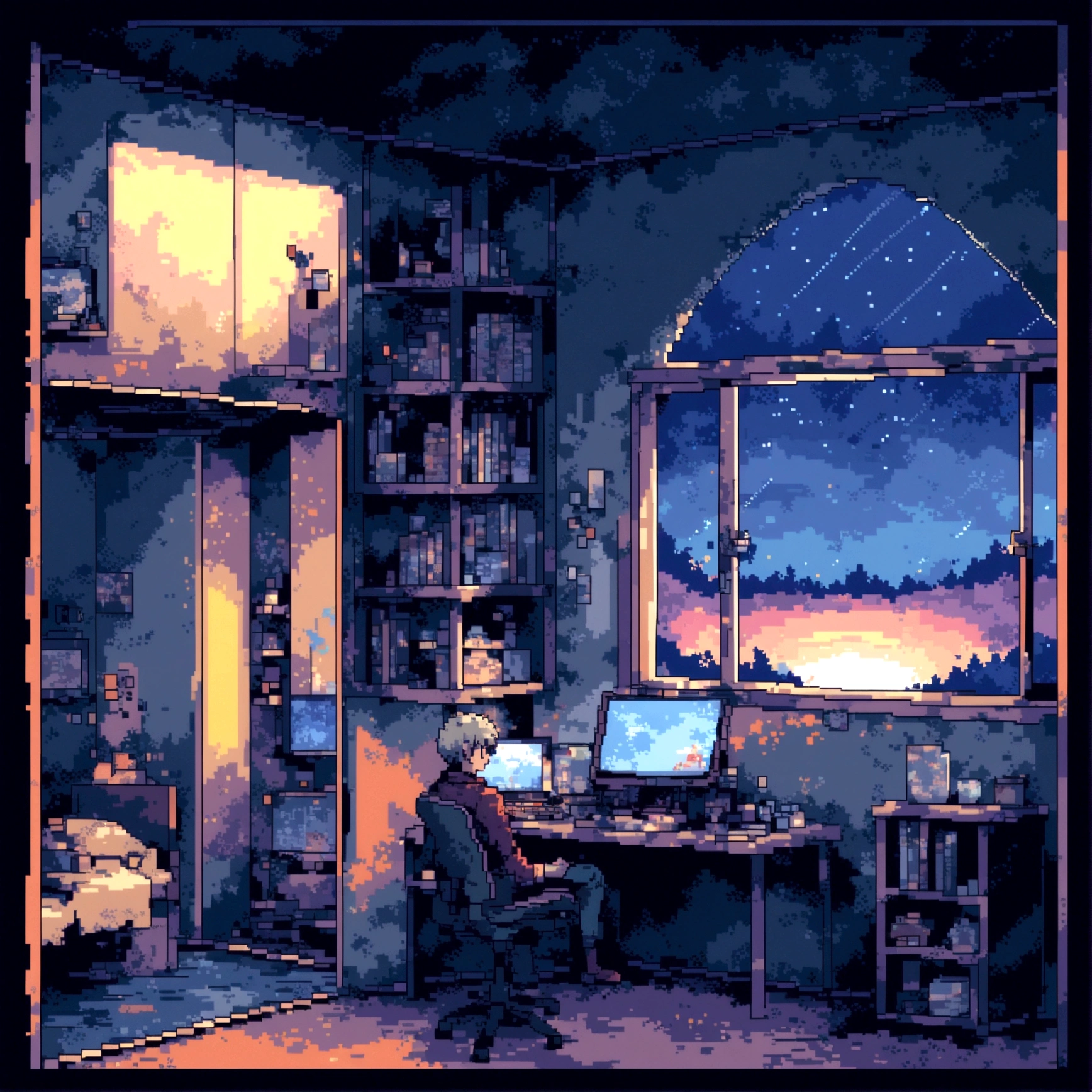 A beautiful gaming room ,open window for a night view of the starry sky, a man sits at a computer with his back to us, in pixel art style, cubic section of rooms