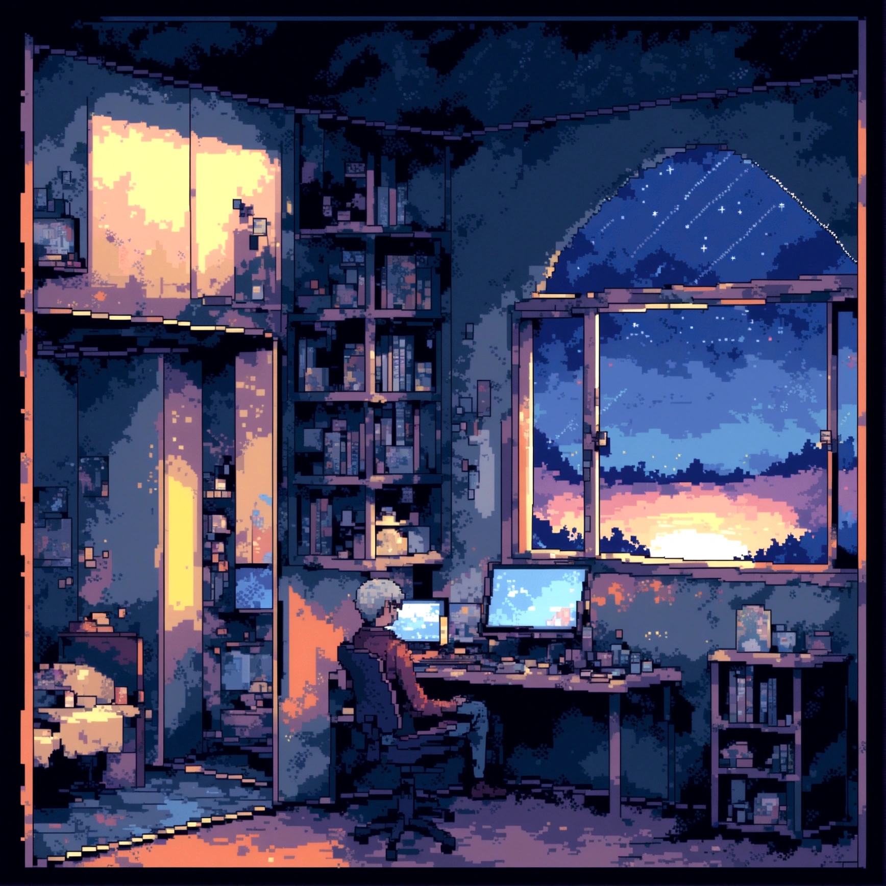 A beautiful gaming room ,open window for a night view of the starry sky, a man sits at a computer with his back to us, in pixel art style, cubic section of rooms