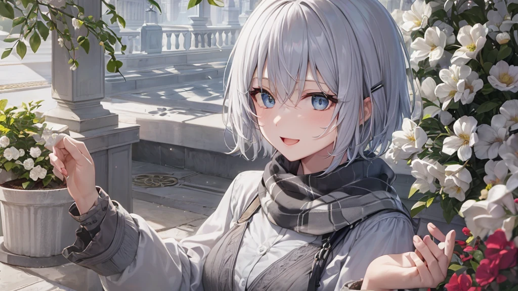 Her eyes were shining、Mysterious and enchanting atmosphere。With AI Painting、とてもShort Hair, Long bangs between the eyes, Grey Eyes , Very detailed,(masterpiece、highest quality)、alone、Gray Hair、Fantasy, Silver Hair, Beautiful Eyes,Ecstasy, charm, attract the audience, Fantasyな風景、White shirt、smile、Open your mouth、Scarf、short hair、Short Hair、hairpin、Dark Eyes