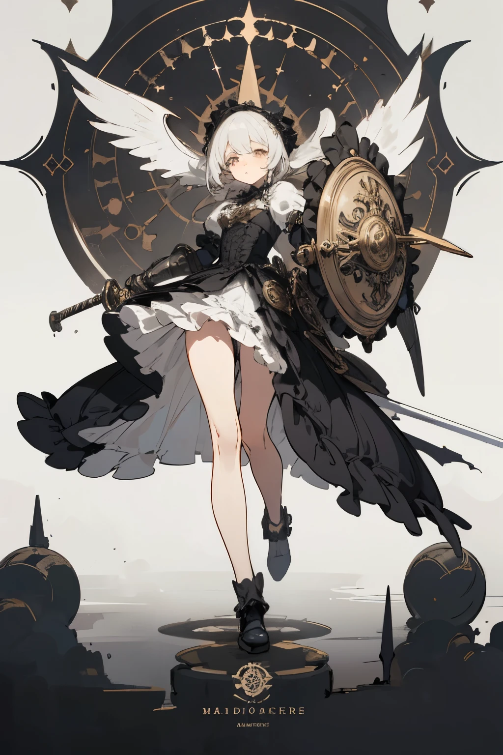 ((best quality)), ((masterpiece)), (detailed), perfect face ((best quality)), ((masterpiece)), (detailed), blank white background, plain background, white background, Bloodborne inspired, occult aesthetic, occult, detailed and intricate steampunk and detailed gothic, (zentangle, mandala, tangle, entangle), NSFW, torn clothing, Very dramatic and cinematic lighting, cosmic horror, grim-dark, side-lighting, perfect face, a beautiful goddess adorned and enshrined in armour, Bloodborne inspired , occult aesthetic , occult , detailed and intricate steampunk and detailed gothic , wielding a sword and holding a shield, NSFW, Fluttering lace flared short dress with frilly petticoats, knee length dress, pleated petticoats, ta dress, petticoats gothic loliside-lighting, gothic lolita aetic, beautiful small breasts, small breasts, full body, whole body, body, plain background, white background, blank background, no background, white background NSFW, full body, whole body, head-to-toe