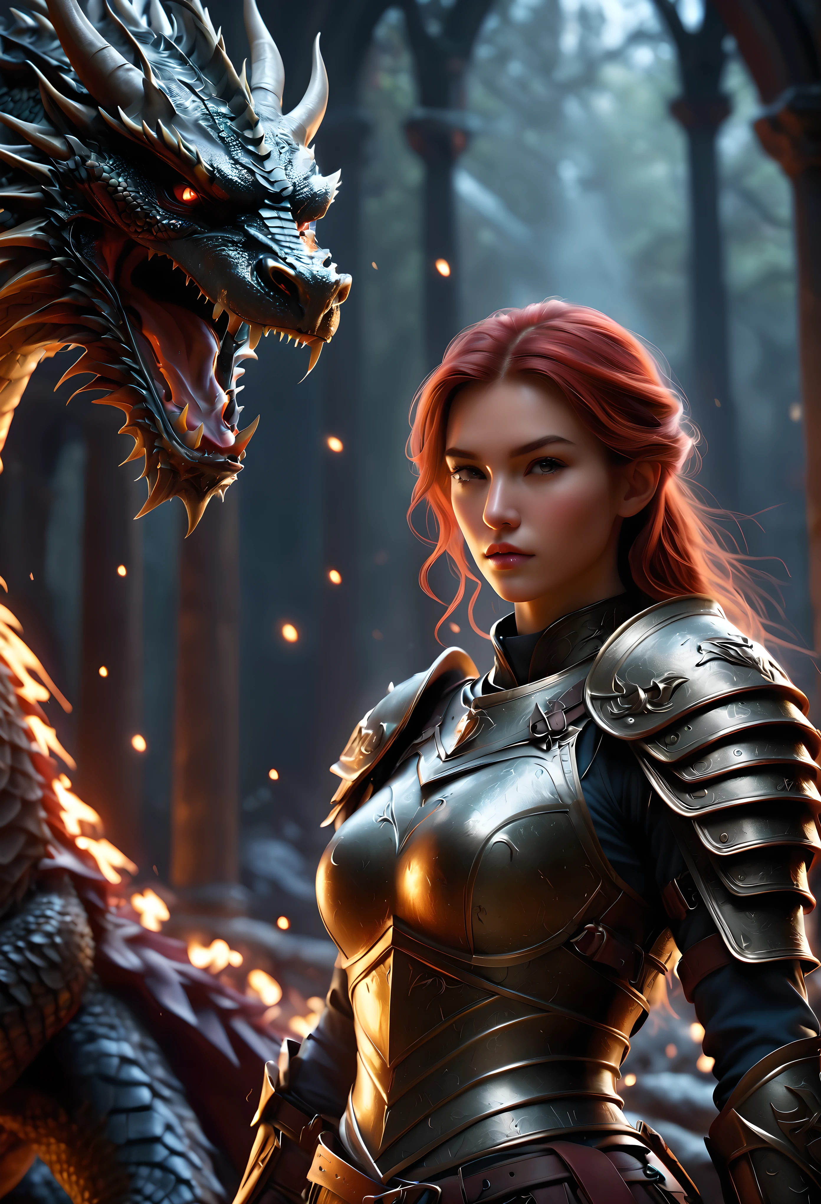 ((Create a cinematic shot of A DnD Female Fighter as she stands over a dead Dragon body):1.3), ((Dead Dragon):1.1). | The image should be a masterpiece rendered in maximum 16K resolution, ensuring unparalleled detail and clarity. | Emphasize soft color photography techniques to create a gentle and harmonious color palette that enhances the cinematic feel of the image. | Aim for ultra-detailed imagery with meticulous attention to anatomical correctness, textures, and fine details, ensuring a lifelike portrayal of the subject. | Capturing dynamic angles and perspectives reminiscent of movie stills. Avoid extreme angles or exaggerated expressions to maintain realism. | Incorporate subtle motion blur to convey a sense of speed and dynamism, adding depth and energy to the composition. Utilize the Tyndall effect to enhance atmospheric lighting and create a visually captivating scene. | Experiment with both ultra-low-angle and fisheye lens perspectives to explore different visual aesthetics and compositions. | DnD Female Fighter should be depicted as a fresh supermodel beauties with messy red hear and wearing exotic DnD Female Fighters equipments exuding confidence and beauty. | Utilize the dim lighting effect of the Dungeon to enhance the danger and vibrancy of the scene, creating a visually stunning portrayal. | Aim for a realistic depiction of DnD Female Fighters, with textured skin and detailed features. | Ensure the image is captured with sharp focus and minimal noise, utilizing advanced rendering techniques such as RTX and Unreal Engine for optimal visual quality. | Infuse the image with a cinematic atmosphere, incorporating elements such as film grain and dark, moody tones to evoke a sense of drama and suspense. a cinematic masterpiece that immerses viewers in a visually stunning portrayal of DnD Female Fighters. | ((perfect_composition, perfect_design, perfect_layout, perfect_detail, ultra_detailed)), ((enhance_all, fix_everything)), More Detail, Enhance.