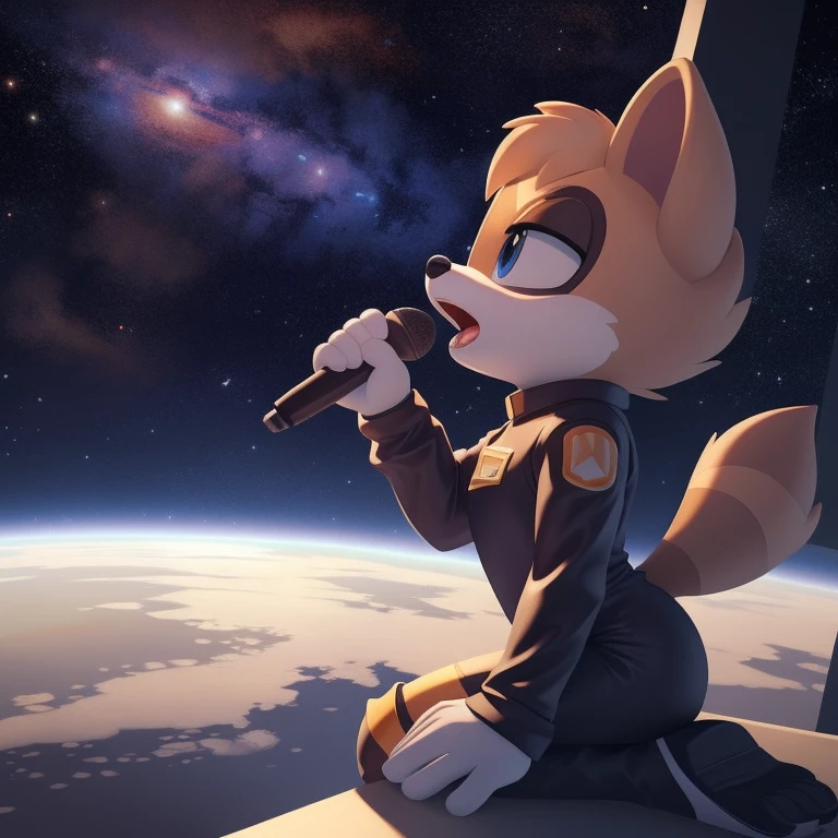 ((masterpiece)), studio quality, highly detailed, extreme detailed, high quality, max detailed, very detailed, detailed background, intricate details, detailed shadows, mobian, medium breast, 1girl, racoon, attractive, gorgeous body, spacesuit, medium hair, long bangs, space, universe, side view, pixarstyle, 3d, singing