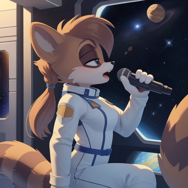 ((masterpiece)), studio quality, highly detailed, extreme detailed, high quality, max detailed, very detailed, detailed background, intricate details, detailed shadows, mobian, medium breast, 1girl, racoon, attractive, gorgeous body, spacesuit, medium hair, long bangs, space, universe, side view, pixarstyle, 3d, singing
