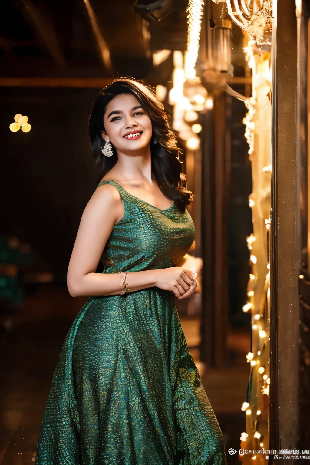 In this photograph, a confident Indian Instagram model in her mid-30s stands out, her radiant smile highlighting her natural curves and beautiful dark brown skin. She’s wearing a short, fit & flare dress with a sweetheart neckline and vibrant floral prints, captured mid-dance in a moody, intimate night club setting. Shot in exquisite detail by Lee Jeffries with a Nikon D850, the image features rich, lifelike colors and dramatic lighting. Utilizing advanced 8K resolution through Cinema 4D and Octane Render, the photo achieves a hyper-realistic, lifelike texture. Studio lighting, HDR, and a smoky mist enhance the captivating ambiance, while the bokeh effect adds an artistic touch to this candid and enchanting shot