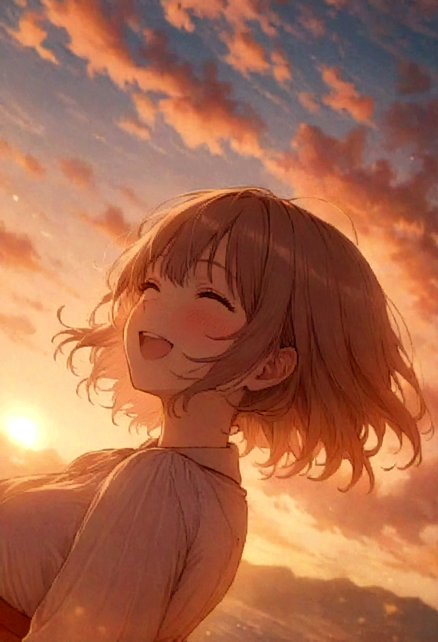 masterpiece, highest quality, Movie stills, One girl, Cloud Girl, Floating in the sky, close, bright, Happy, Warm and soft lighting, sunset, (spark:0.7)