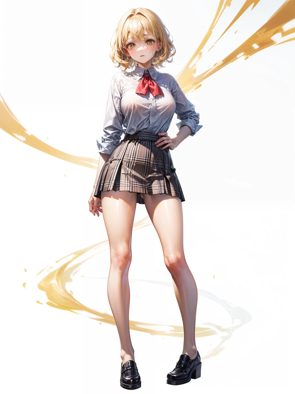 Dynamic posing, dynamic angle, Arrange pose,Top quality work，Show Legs，((short wavy Creamy Golden Blonde hair)),(Creamy Blonde hair),(short hair),(wavy hair),(golden eyes), , Rose cheeks, Pretty cute Face, A perfectly proportioned face, wearing blouse and skirt, white stockings，full-body view， amazing, Large round chest、Beautiful eye details、Beautiful eyelashes、beautiful double eyelid, with blush cheeks, shy, boobs basically popping out of the shirt