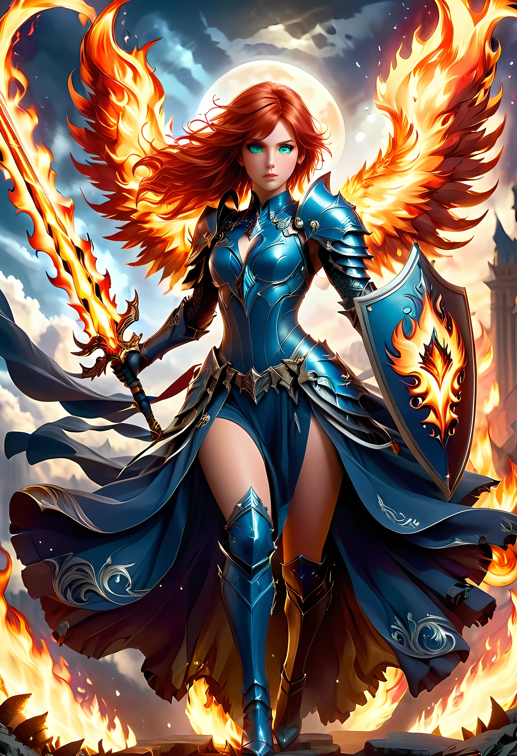 16k, ultra detailed, masterpiece, best quality, (extremely detailed), arafed, dnd art, panoramic view, full body, aasimar, female, (Masterpiece, intense details:1.3), female, divine warrior, holding ((flaming blade: 1.5)) (Masterpiece, intense details:1.3) large feathered wings,(white: 1.3) angelic wings spread (Masterpiece, intense details:1.3), fantasy magical heaven background (Masterpiece, intense details:1.3), moon, stars, clouds, wearing (azure armor: 1.3) (Masterpiece, intense details:1.3), elegant high heeled boots (Masterpiece, intense details:1.3), armed with sword, (red hair: 1.4), (green eyes: 1.4), intense eyes, ((detailed face: 1.3)), ultra feminine, ultra detailed face, (Masterpiece, intense details:1.5), (anatomically correct: 1.5), determined face, divine light, cinematic lighting, soft light, silhouette, photorealism, panoramic view ((Masterpiece, intense details:1.3) , Wide-Angle, Ultra-Wide Angle, 16k, highres, best quality, faize, 2.5D rendering, phoenix dress, Sword and shield