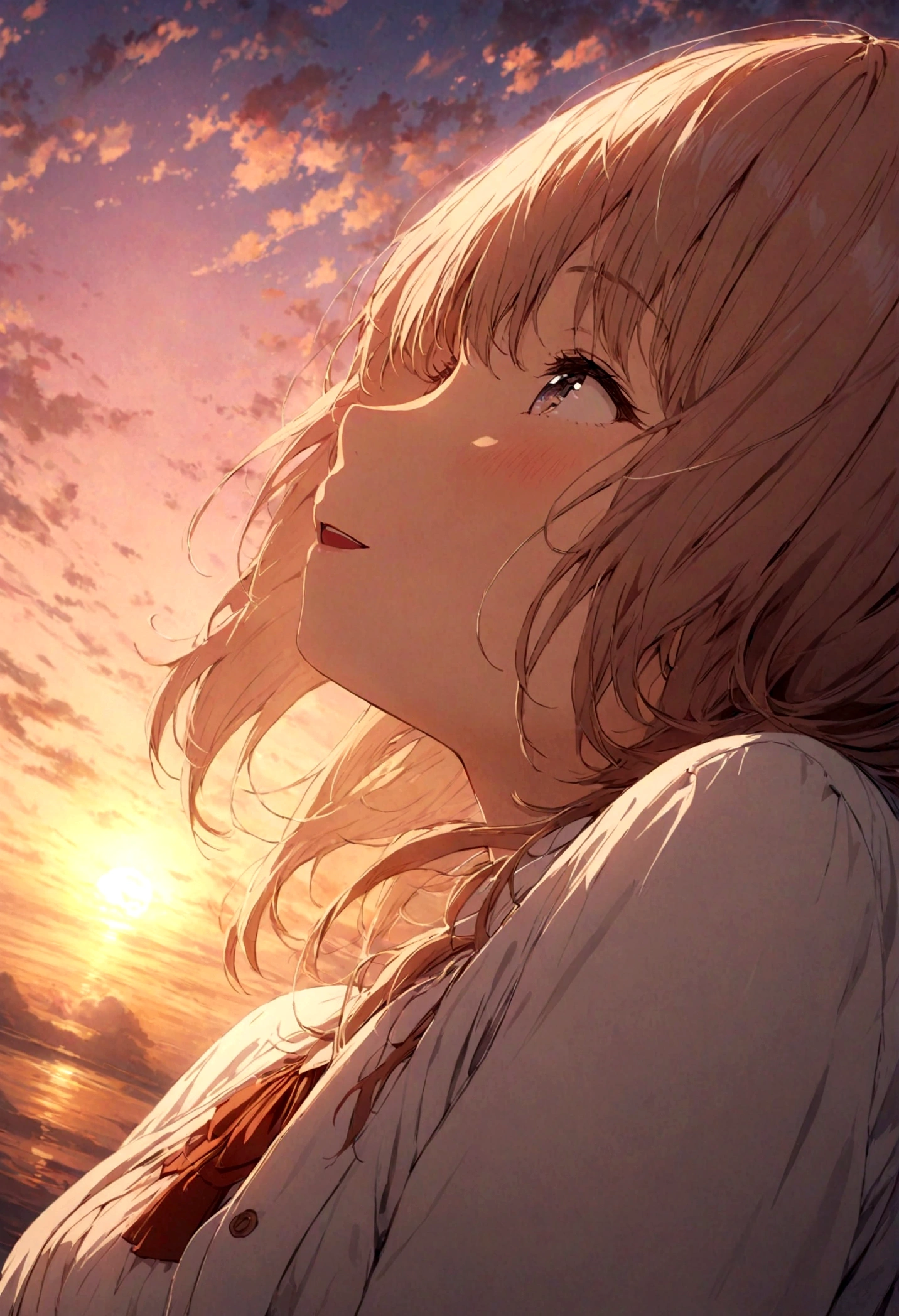 masterpiece, highest quality, Movie stills, One girl, Cloud Girl, Floating in the sky, close, bright, Happy, Warm and soft lighting, sunset, (spark:0.7)