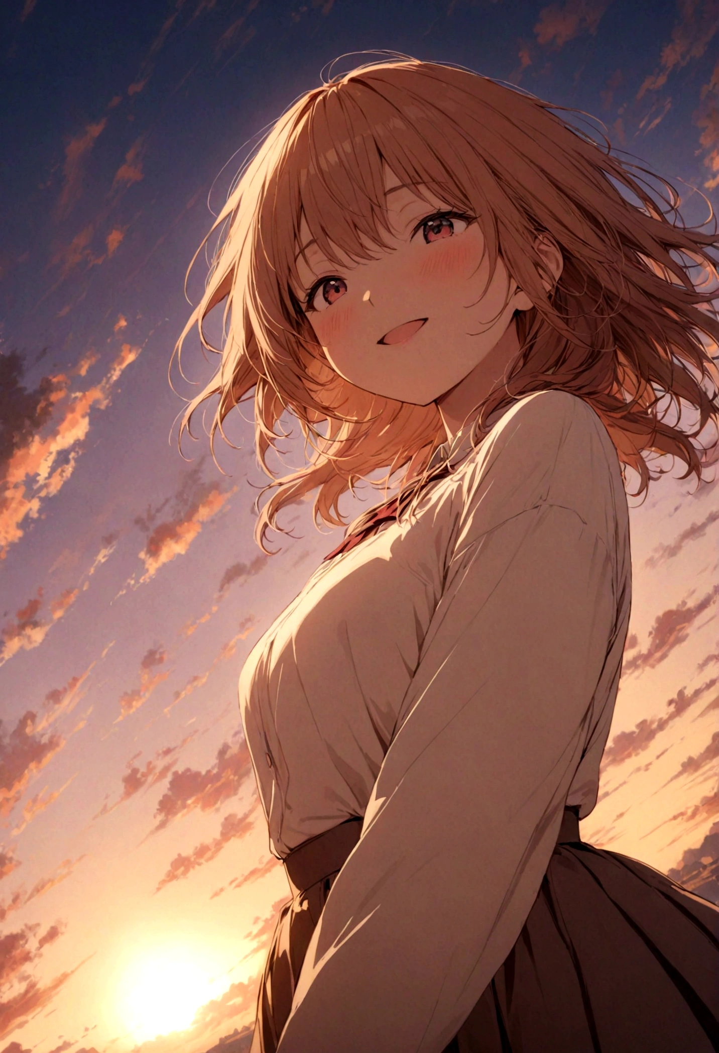 masterpiece, highest quality, Movie stills, One girl, Cloud Girl, Floating in the sky, close, bright, Happy, Warm and soft lighting, sunset, (spark:0.7)