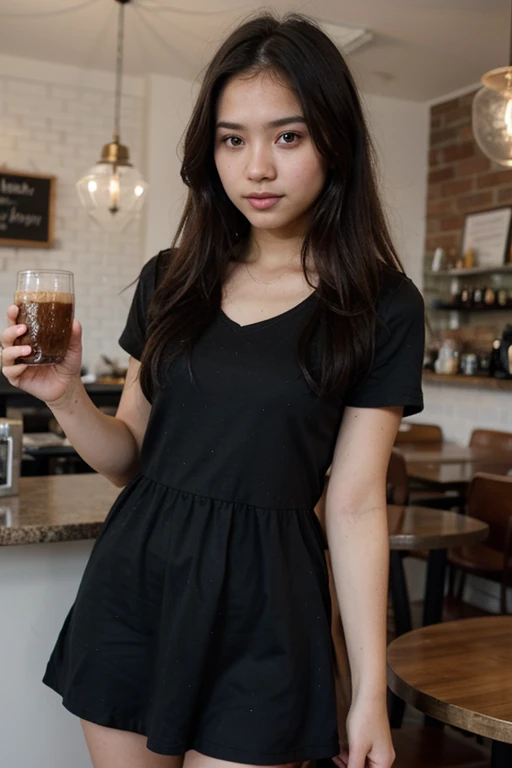 19 year old Filipina girl in a black dress in cafe