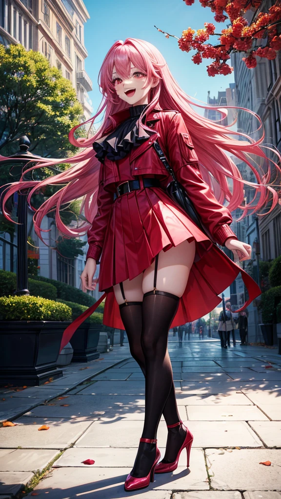 Beautiful woman full body, pink hair, long hair lifted by the wind, red eyes, red jacket, black blouse, yellow mini skirt, no stockings, high heels, roses, lying in a very colorful park in the city, very cheerful face, open mouth laughing