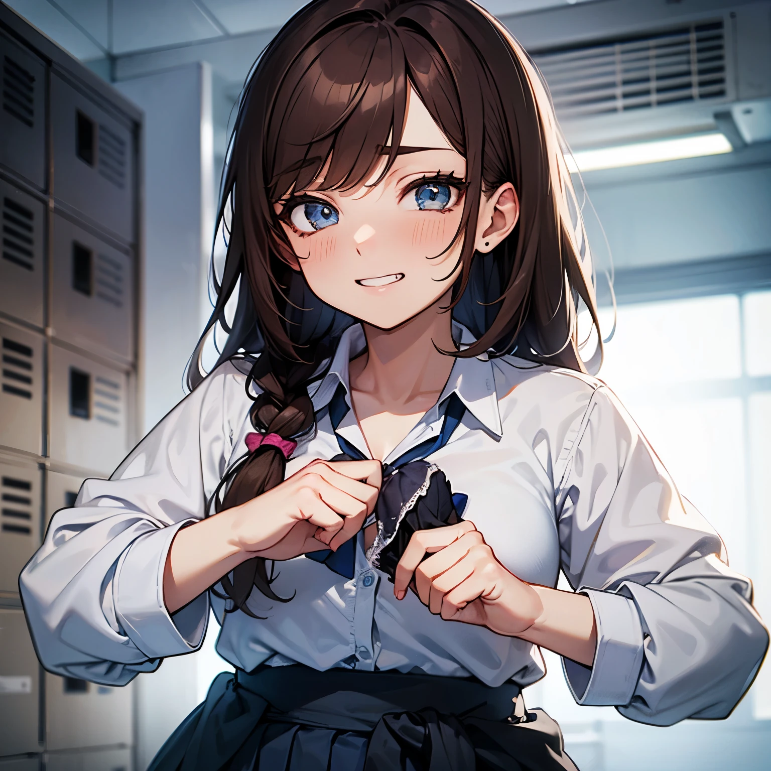 pantyhandjob, panties, panties over penis handjob, penis,{{{cum on clothes}}},BREAK,
(brown hair), long hair, straight hair,BREAK, ,(blue eyes), gyaru, collarbone, bow, loose bowtie, white shirt, collared shirt, long sleeves, bracelet, wrist scrunchie,blue skirt, pleated skirt,
clothes around waist,
,BREAK,Focus on panties,Fine underwear,Looking down,Looking down at the viewer,,From front,
troubled face, grin, clinched teeth,   looking down at viewer,
locker room
, masterpiece,absurderes, beautiful detailed face
, Best Quality, High resolution, Unity 8k wallpaper, (Illustration:0.8), (Beautiful detailed eyes:1.6), extra detailed face, Perfect Lighting, extremely details CG, (Perfect hands, Perfect Anatomy)