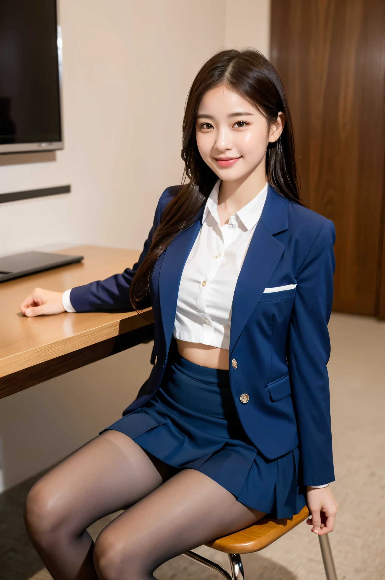 (8k), (highest quality: 1.2), (Realistic), (Realistic: 1.37), Ultra-high resolution, 1 girl, cute, Shiny skin,Blushing,smile, Mouth closed, Beautiful details, Beautiful Nose, whole body, Wet Hair, Giant Dulcefo, pork,Navel exposed,University Student Uniform,A simple blazer,Pleated skirt,Sit on a chair, shiny pantyhose