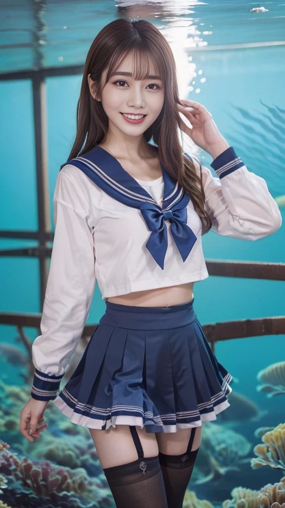 detailed face, cute face, masterpiece, highest quality, Super detailed, figure, Wide-angle, (A girl is walking Under the sea、underwater:1.35), alone, whole body, 20th Generation, (short Hair,blue sailor suit,bow, Calvin Klein black stocking:1.25), fashion,, composition, balance, Harmony, rhythm, color, Light, Shadow, reflection, refraction, tone, Contrast, prospect, Middle Way, background, Naturalistic, Figurative, Expressive.、(Droopy eyes, Natural Makeup、Ultra-high definition beauty face:1.15)、(Ultra-high resolution perfect beautiful teeth, Medium chest, Narrow waist, smile:1.15)、Ultra HD Shining Eyes、Super high quality glossy lip