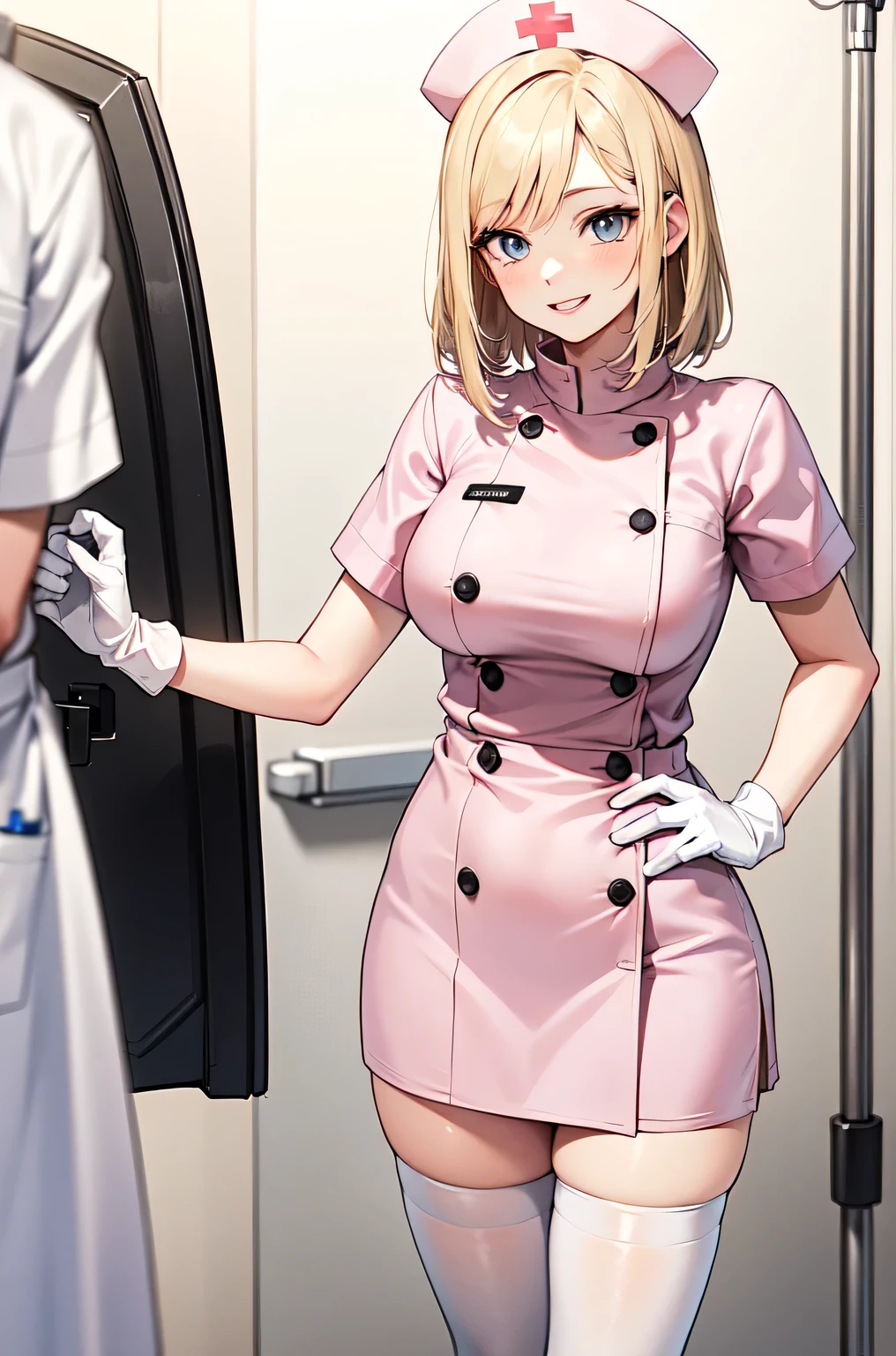 1woman, solo, nurse, white nurse cap, white nurse uniform, ((white legwear, zettai ryouiki)), white gloves, blonde hair, blue eyes, pink lips, smile, standing, ((hospital room)), sharp outline, short sleeves, mature female, 35 years old, best quality, masterpiece