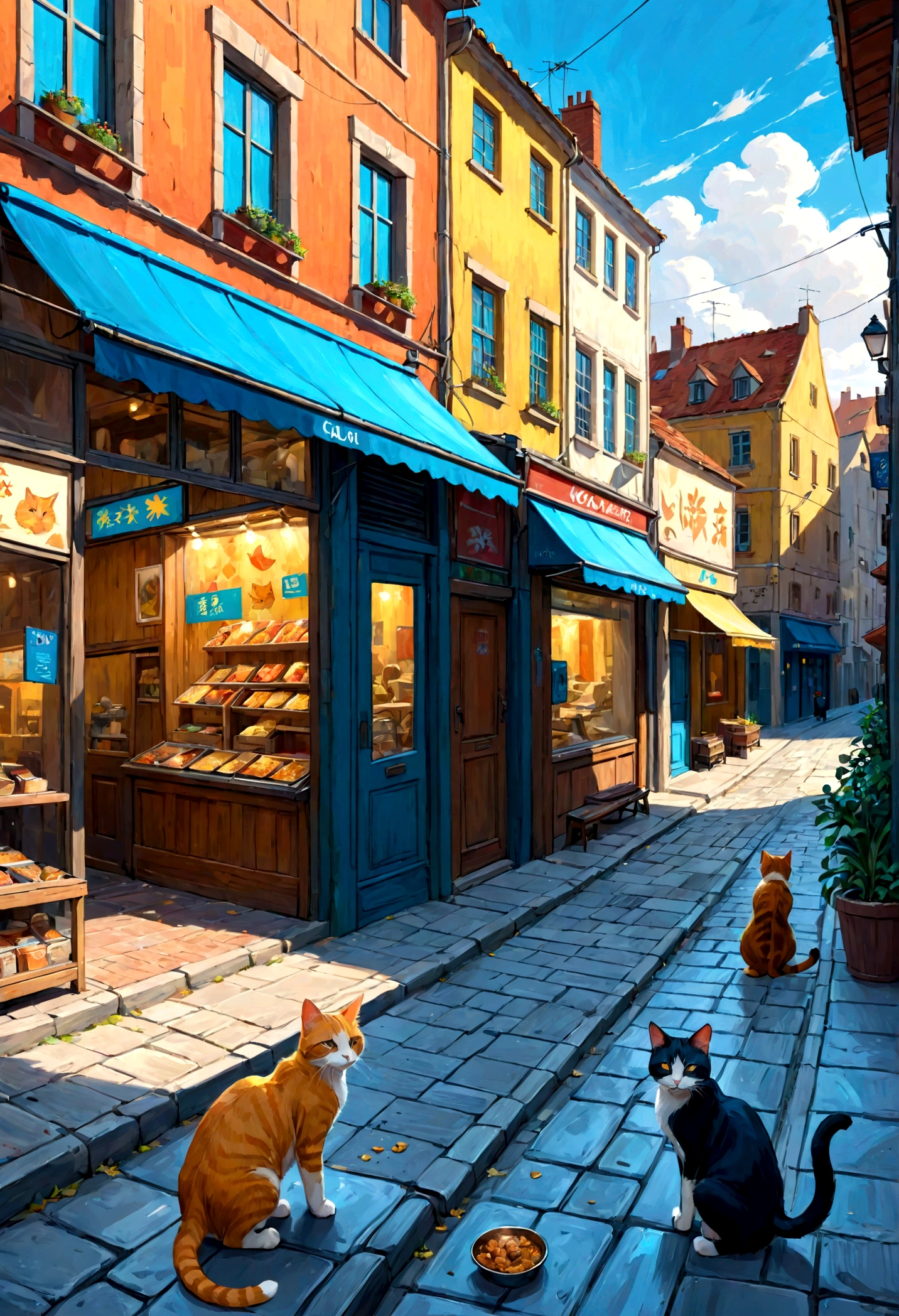 Street cats, abandoned, surviving, fighting for food, on the streets, 8k, in front of shops, houses, buildings, 4k cartoon image, cityscape, art van gogh Painterly style, painting, vibrant