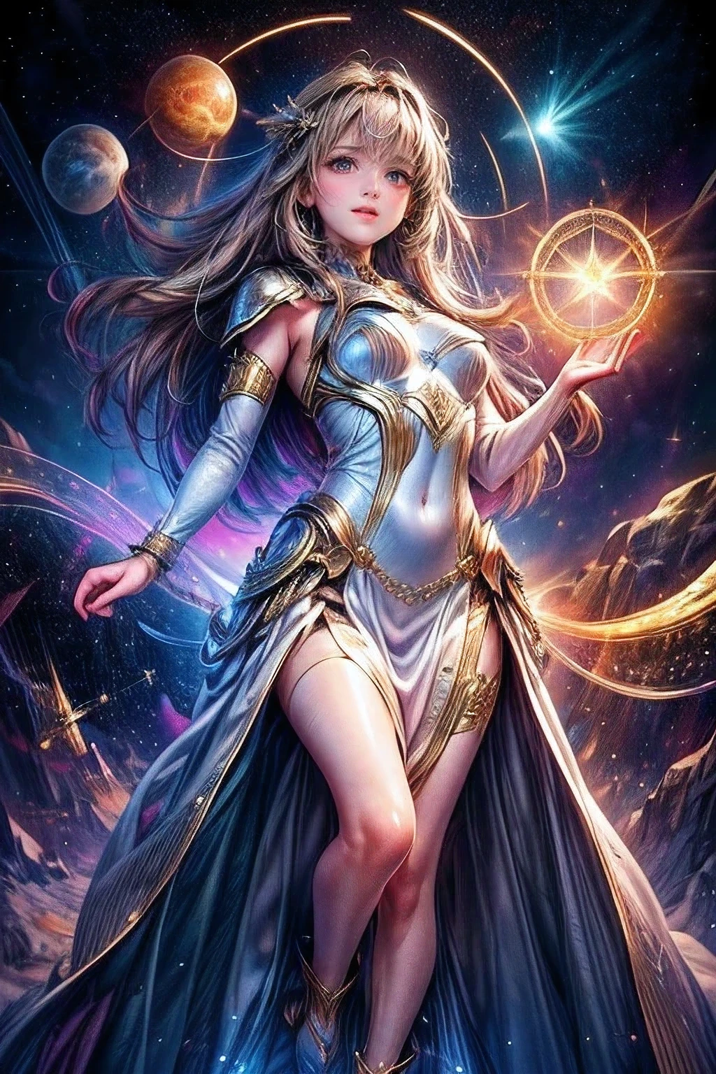fantasic illustration, warp effect, masterpiece:1.2, highest quality, highres, 16k, beautiful detailed, ultra-realistic, photo realistic:1.37, beautiful girl who transcends time and space, through the subspace field connecting circular stargates, posing of passing through a stargate, growing glay eyes, shining pupils, blushed cheek, shiny rosy lips, beautiful delicate(hair, face, eyes, pupils, stargate), full-body view