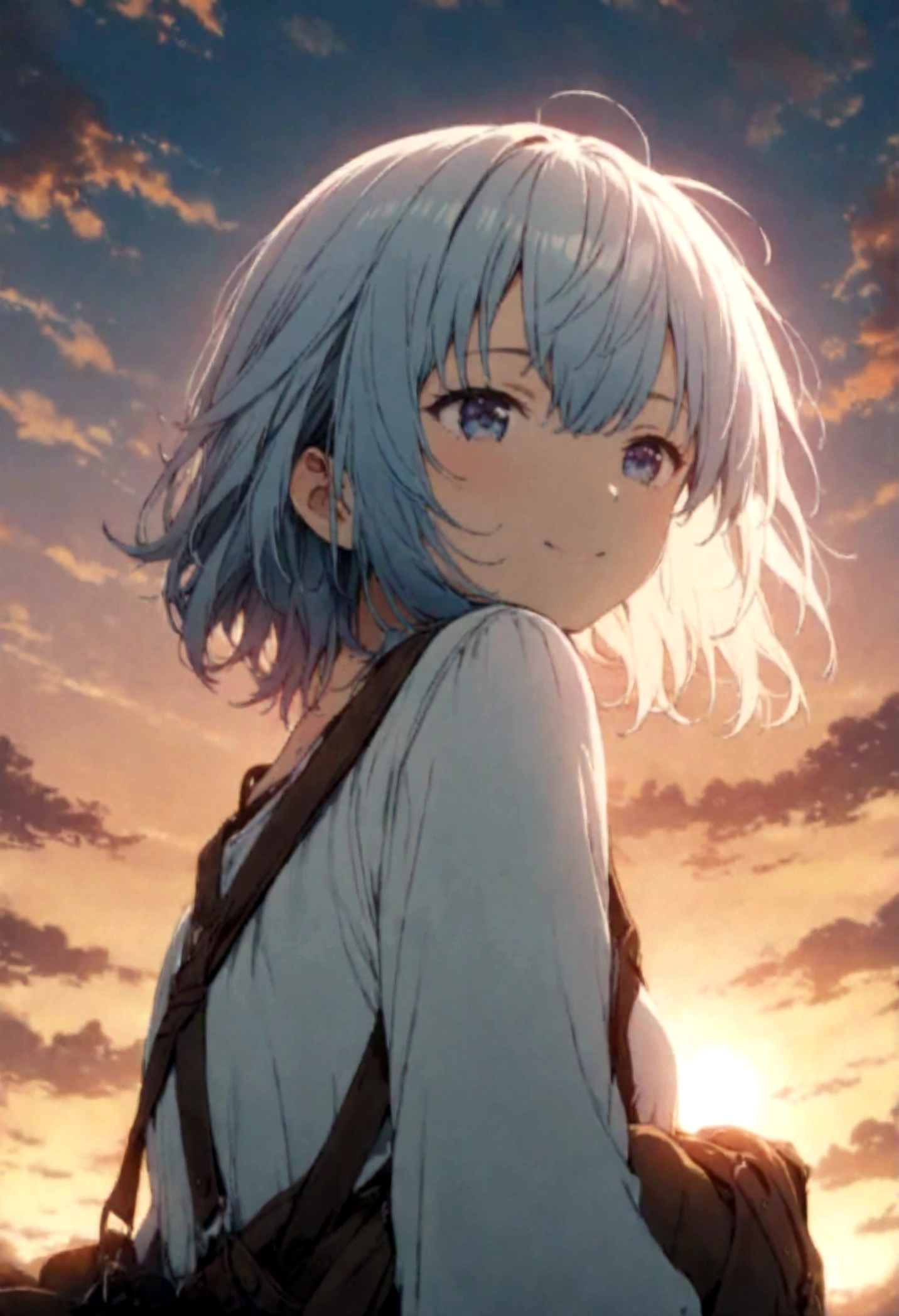 masterpiece, highest quality, Movie stills, One girl, Cloud Girl, Floating in the sky, close, bright, Happy, Warm and soft lighting, sunset, (spark:0.7)