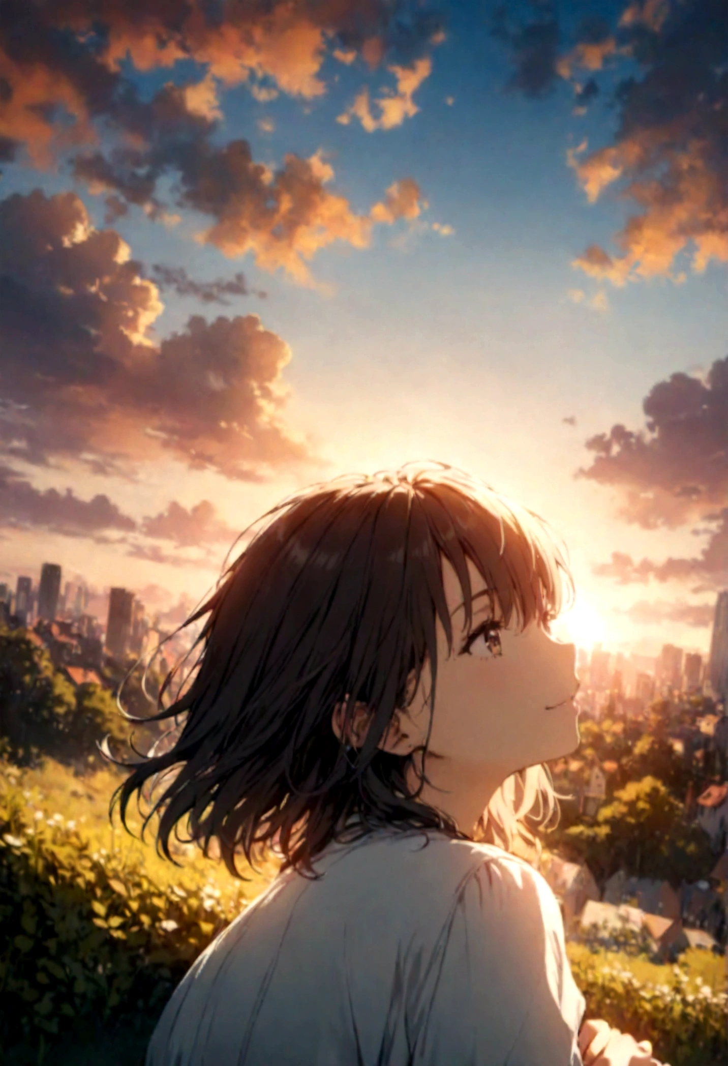 masterpiece, highest quality, Movie stills, One girl, Cloud Girl, Floating in the sky, close, bright, Happy, Warm and soft lighting, sunset, (spark:0.7)