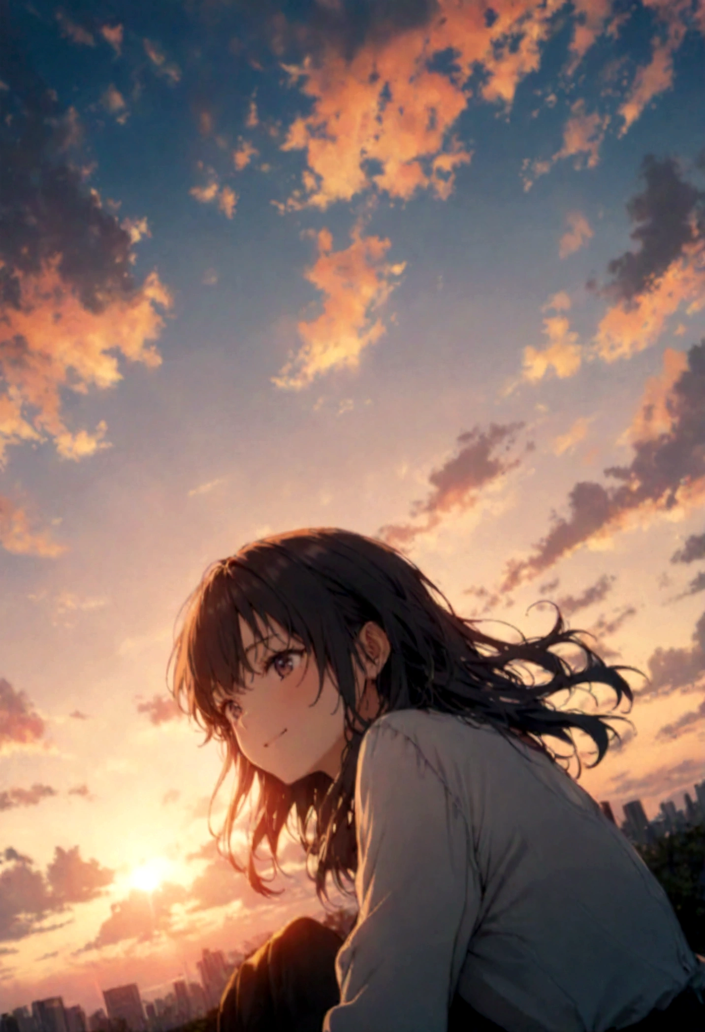 masterpiece, highest quality, Movie stills, One girl, Cloud Girl, Floating in the sky, close, bright, Happy, Warm and soft lighting, sunset, (spark:0.7)