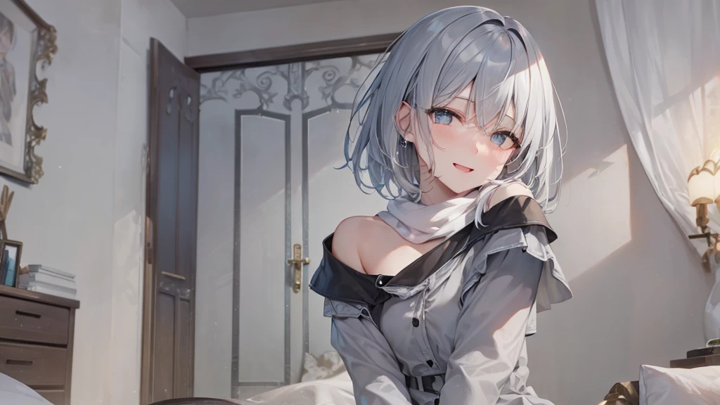 Her eyes were shining、Mysterious and enchanting atmosphere。With AI Painting、とてもShort Hair, Long bangs between the eyes, Grey Eyes , Very detailed,(masterpiece、highest quality)、alone、Gray Hair、Fantasy, Silver Hair, Beautiful Eyes,Ecstasy, charm, attract the audience, Fantasyな風景、White shirt、smile、Open your mouth、Scarf、short hair、Short Hair、hairpin、Dark Eyes