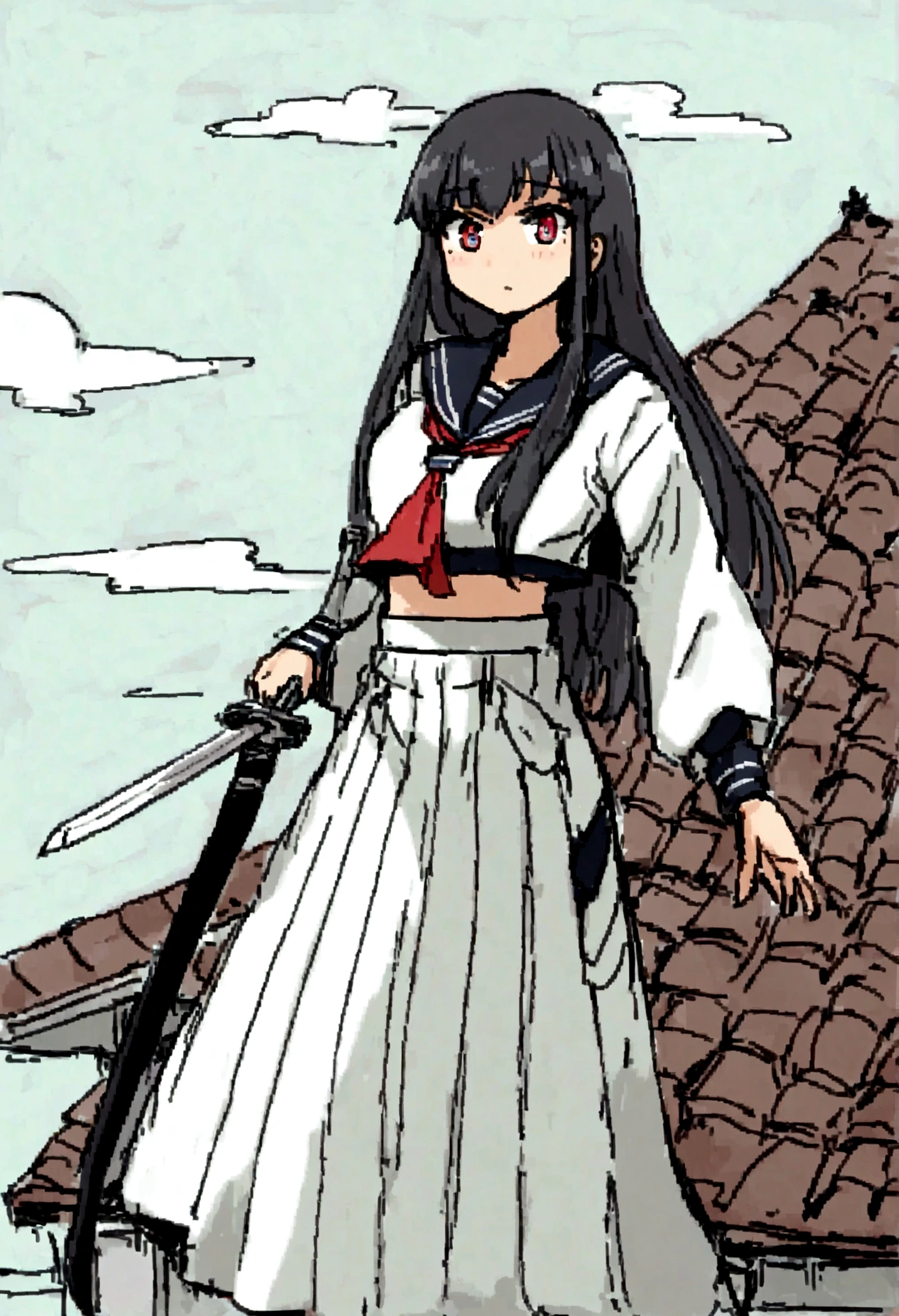 (Daisaku),(Need),(Super meticulous),(full bodyesbian:1.2),arafed woman in a skirt holding a sword on a roof, 1girl, loose coat collar sailor uniform, wearing dark maritime clothing, wearing japanese techwear, female sailor uniforms, kantai collection style, intricate hakama, hakama kimono, sailor uniform, wearing hakama, sailor clothing, navy, seifuku, wide leg hakama trousers, japanese ,(beautiful  detailed face),(Beautiful and delicate eyes),