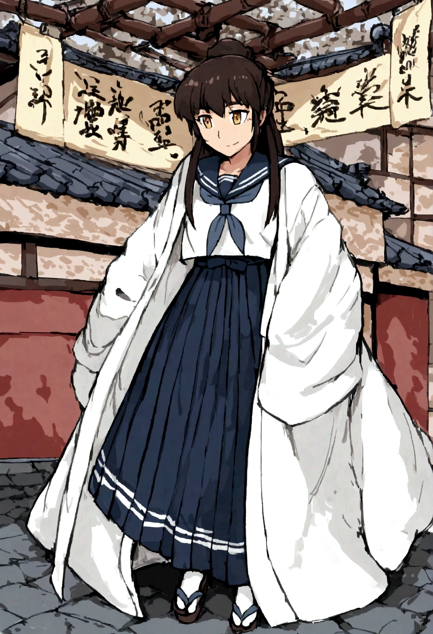 (Daisaku),(Need),(Super meticulous),(full bodyesbian:1.2),arafed woman in a skirt holding a sword on a roof, 1girl, loose coat collar sailor uniform, wearing dark maritime clothing, wearing japanese techwear, female sailor uniforms, kantai collection style, intricate hakama, hakama kimono, sailor uniform, wearing hakama, sailor clothing, navy, seifuku, wide leg hakama trousers, japanese ,(beautiful  detailed face),(Beautiful and delicate eyes),