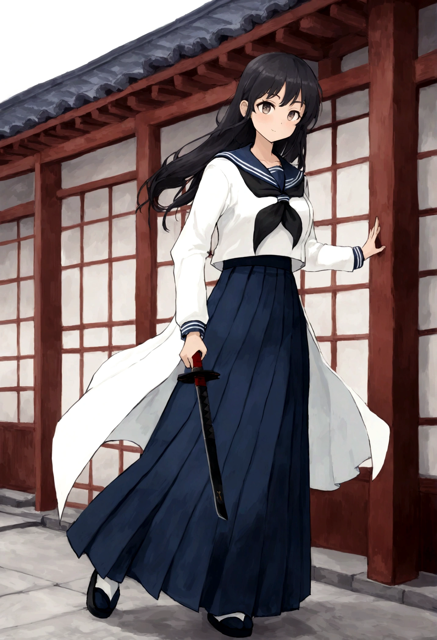 (Daisaku),(Need),(Super meticulous),(full bodyesbian:1.2),arafed woman in a skirt holding a sword on a roof, 1girl, loose coat collar sailor uniform, wearing dark maritime clothing, wearing japanese techwear, female sailor uniforms, kantai collection style, intricate hakama, hakama kimono, sailor uniform, wearing hakama, sailor clothing, navy, seifuku, wide leg hakama trousers, japanese ,(beautiful detailed face),(Beautiful and delicate eyes),