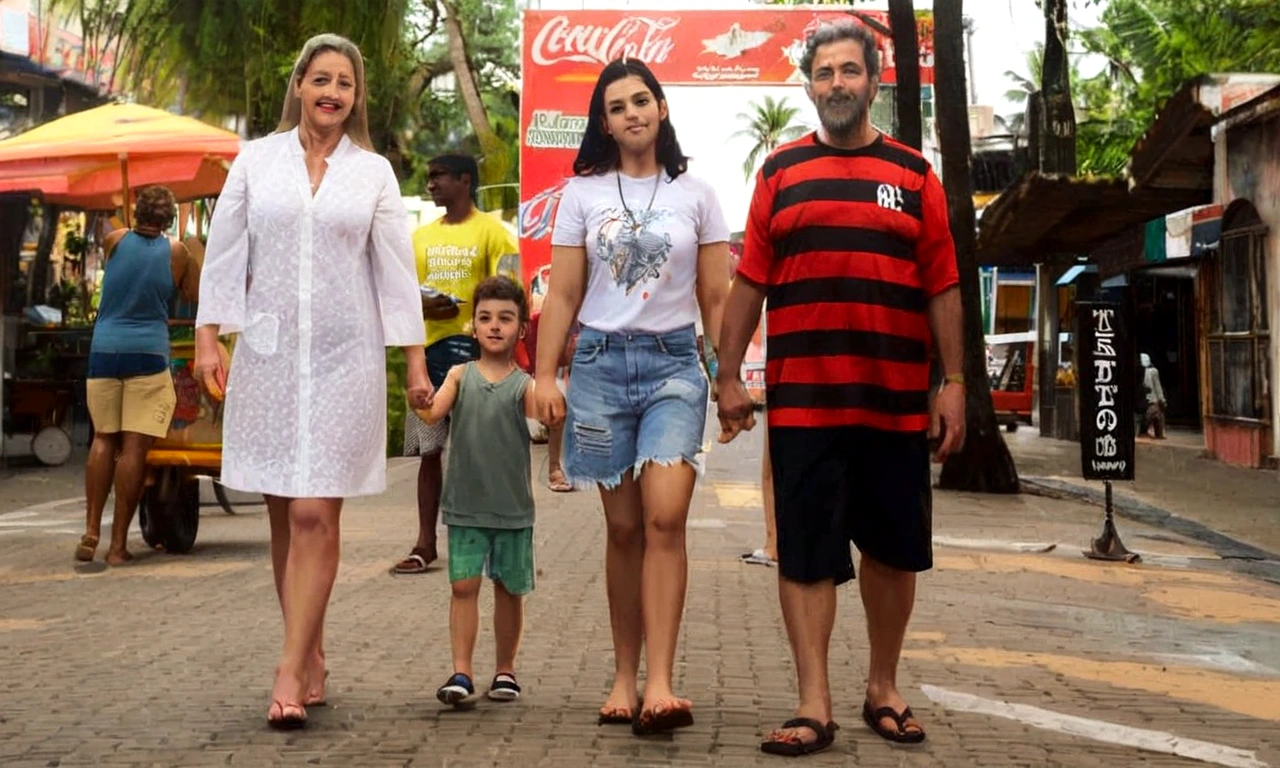 Araffe family walking down a street with a , by Fernando Gerassi, powder Nándor Katona, por Luis Miranda, by Judith Gutierrez, por Willian Murai, malika favre, by Felipe Seade, Happy family, Andreia Rocha, por Robert Combas, orgulhosamente andando pela rua, caio santos, daniel mirante