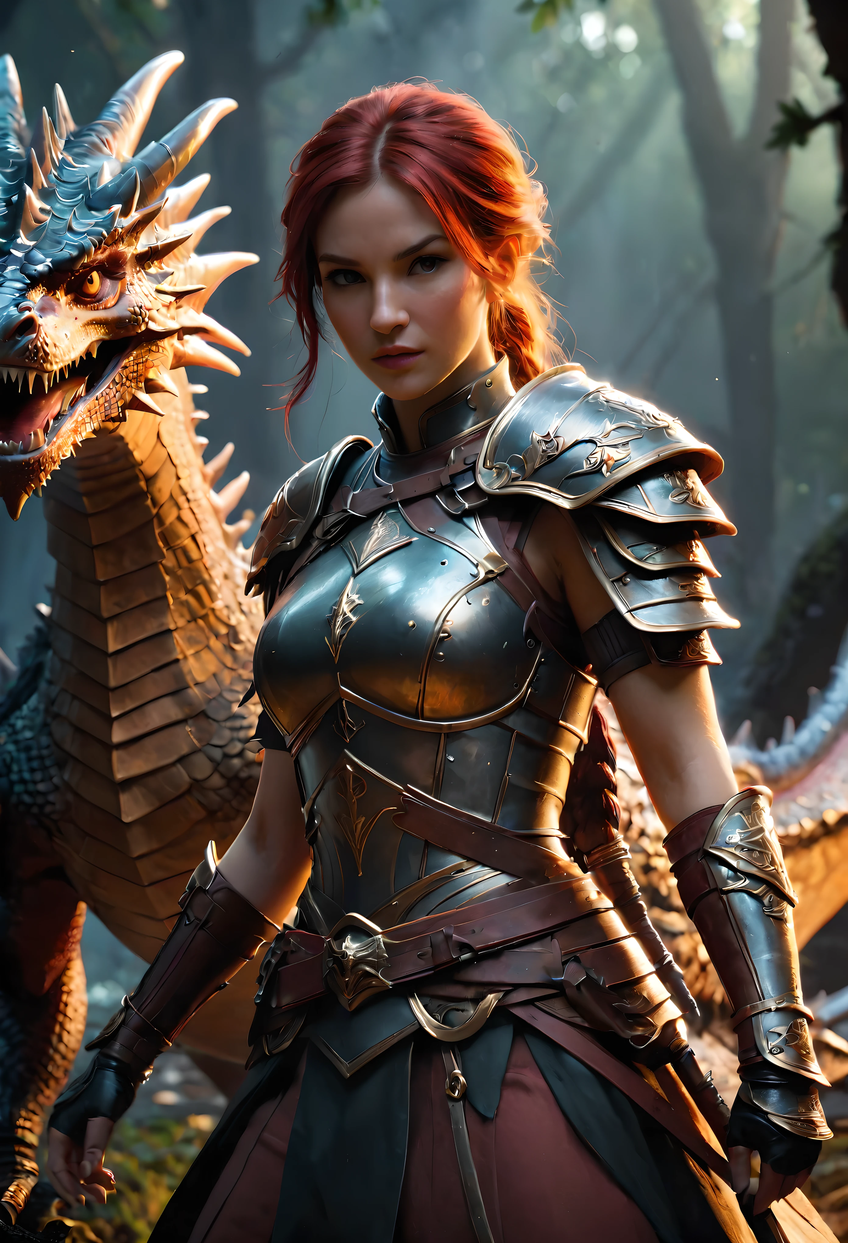 ((Create a cinematic shot of A DnD Female Fighter as she stands over a dead Dragon body):1.3), ((Dead Dragon):1.1). | The image should be a masterpiece rendered in maximum 16K resolution, ensuring unparalleled detail and clarity. | Emphasize soft color photography techniques to create a gentle and harmonious color palette that enhances the cinematic feel of the image. | Aim for ultra-detailed imagery with meticulous attention to anatomical correctness, textures, and fine details, ensuring a lifelike portrayal of the subject. | Capturing dynamic angles and perspectives reminiscent of movie stills. Avoid extreme angles or exaggerated expressions to maintain realism. | Incorporate subtle motion blur to convey a sense of speed and dynamism, adding depth and energy to the composition. Utilize the Tyndall effect to enhance atmospheric lighting and create a visually captivating scene. | Experiment with both ultra-low-angle and fisheye lens perspectives to explore different visual aesthetics and compositions. | DnD Female Fighter should be depicted as a fresh supermodel beauties with messy red hear and wearing exotic DnD Female Fighters equipments exuding confidence and beauty. | Utilize the dim lighting effect of the Dungeon to enhance the danger and vibrancy of the scene, creating a visually stunning portrayal. | Aim for a realistic depiction of DnD Female Fighters, with textured skin and detailed features. | Ensure the image is captured with sharp focus and minimal noise, utilizing advanced rendering techniques such as RTX and Unreal Engine for optimal visual quality. | Infuse the image with a cinematic atmosphere, incorporating elements such as film grain and dark, moody tones to evoke a sense of drama and suspense. a cinematic masterpiece that immerses viewers in a visually stunning portrayal of DnD Female Fighters. | ((perfect_composition, perfect_design, perfect_layout, perfect_detail, ultra_detailed)), ((enhance_all, fix_everything)), More Detail, Enhance.