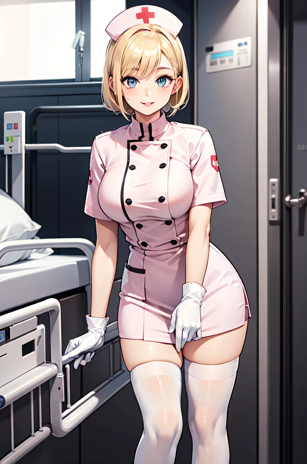 1woman, solo, nurse, white nurse cap, white nurse uniform, ((white legwear, zettai ryouiki)), white gloves, blonde hair, blue eyes, pink lips, smile, standing, ((hospital room)), sharp outline, short sleeves, mature female, 35 years old, best quality, masterpiece