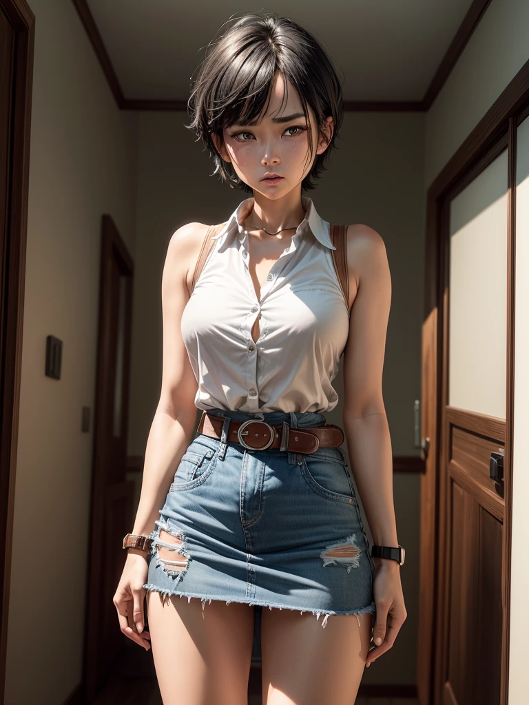 ((One Woman, 27 years old)),(( alone:1.5)),Black short hair,((watch:1.2)),White sleeveless collared shirt,(Denim mini skirt:1.2,Tea belt:1.2),Intense crying face:1.9, Perfect light, 8k, masterpiece:1.2, Very detailed, Realistic:1.37, Full HD, Background of Japanese-style room at night,Cowboy photographed from the front,Are standing