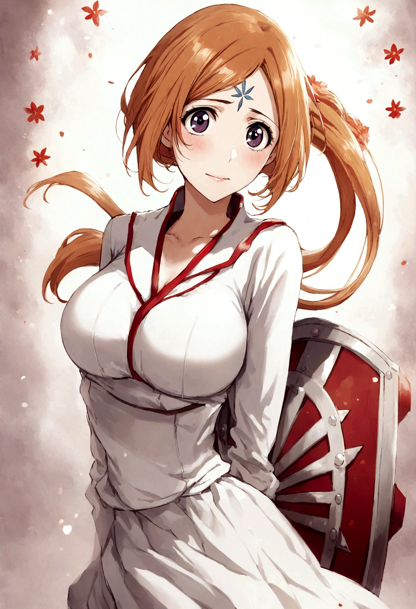 1girl, Inoue Orihime, bleach, Light blond hair, wavy ponytail, dark purple eyes, fair skin, soft face, school uniform, white kimono-style robe, red decoration, simple accessories, elegant temperament, kind, optimistic, selfless, healing ability, Shield Shun Six Flowers, forehead mark, six petals, Very aesthetic, illustration, perfect composition, moist skin, intricate details