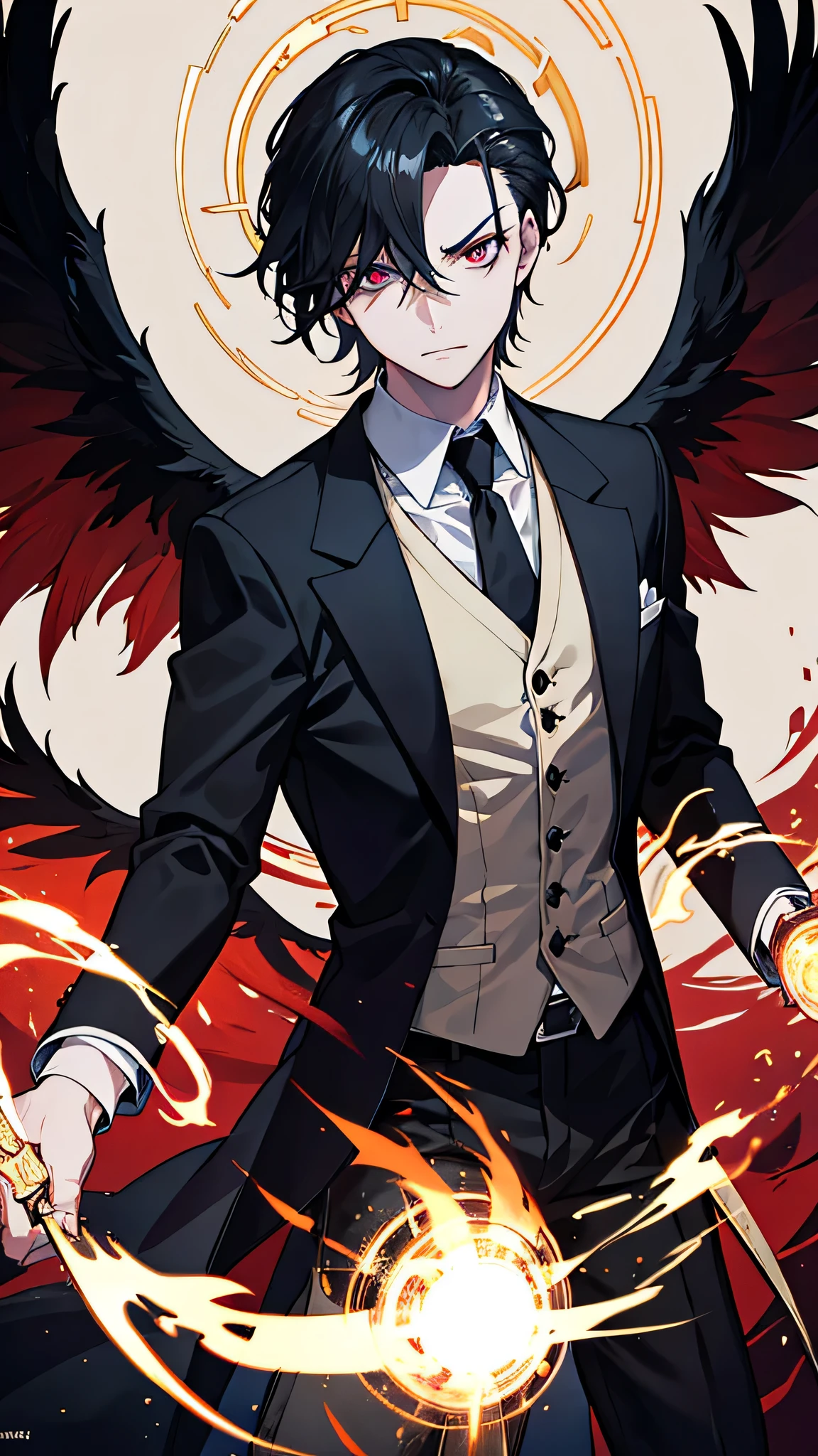 A Sinister Bishounen, resplendent in a suit attire adorned with black feathers, slicked back meticulously, stands regally within a Magic Circle, surrounded by an 8K, ultra-high-resolution, masterpiece-quality image. With an ultra-detailed, photorealistic, and anime-style depiction, the sinister flames that encircle him seem to dance and flicker in the dim light, casting eerie shadows upon his visage, accentuating the sharp angles of his features and the cold, calculating expression in his eyes. The oozing black aura that envelops him adds to the sense of mystery and intrigue,