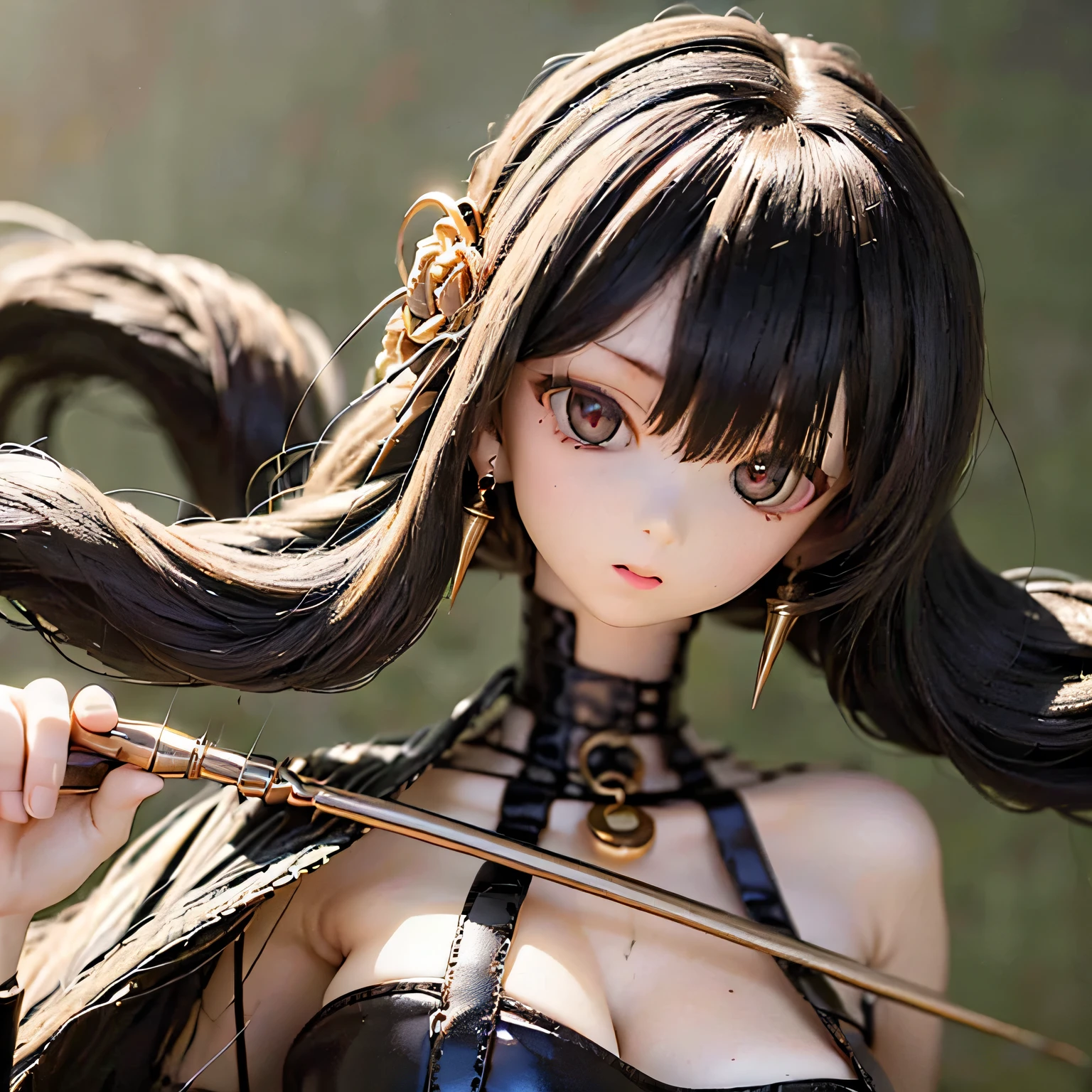 (highest quality,4K,High resolution,masterpiece:1.2),Very detailed,Realistic,Long black hair,Beautiful details,Beautiful lip detail,Wielding a weapon,long flowing hair,Serious expression,Dark atmosphere,Sharp focus,Detailed Weapons,Studio Lighting,Vibrant colors,Physically based rendering of a long black dress