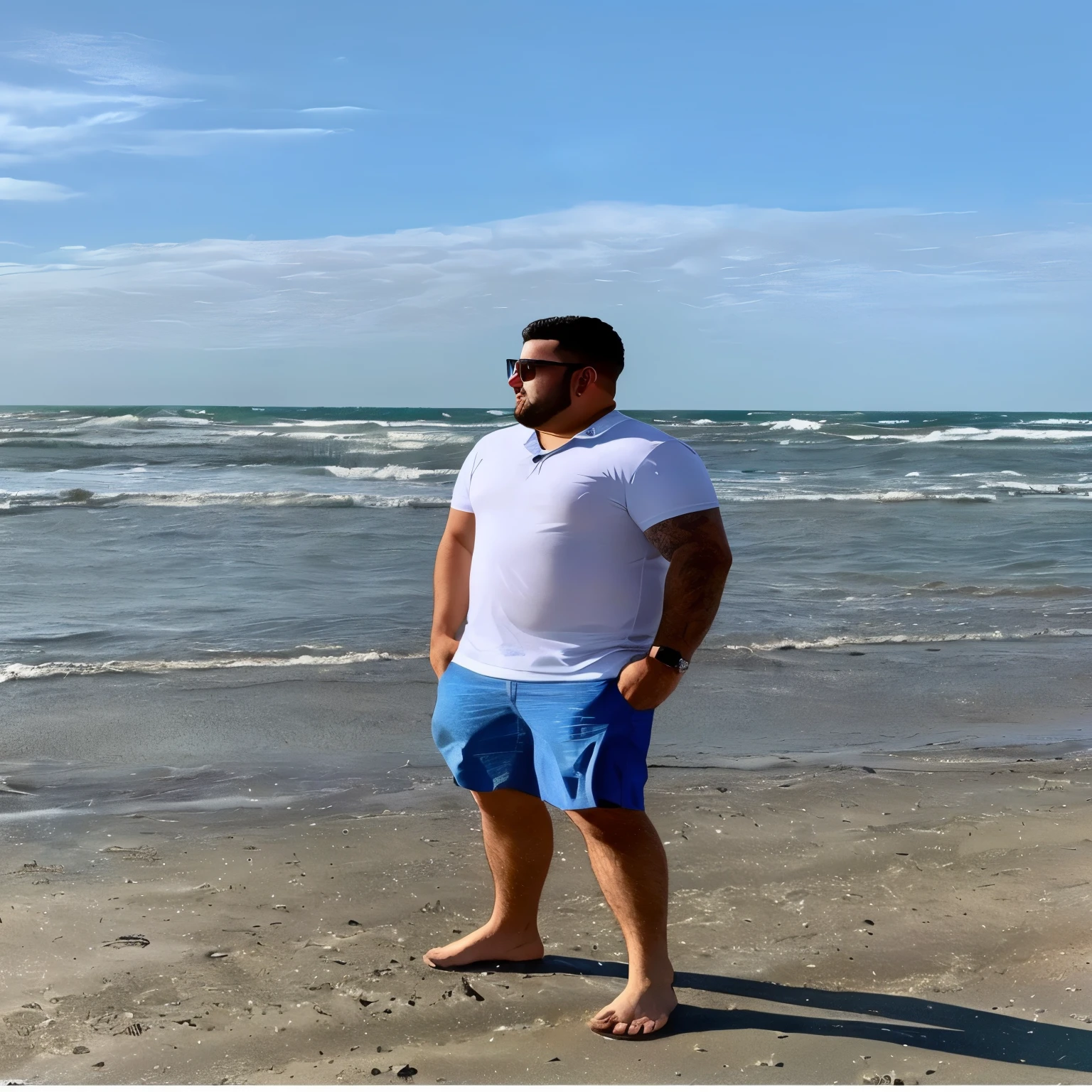 Araffe standing on the beach with his hands in his pockets, parado na praia, parado ao lado do oceano, oceano ao fundo, posando em uma praia com o oceano, the oceano ao fundo, standing next to the water, foto da praia, parado em uma praia, no mar, standing near the beach, na praia, vacation photo
