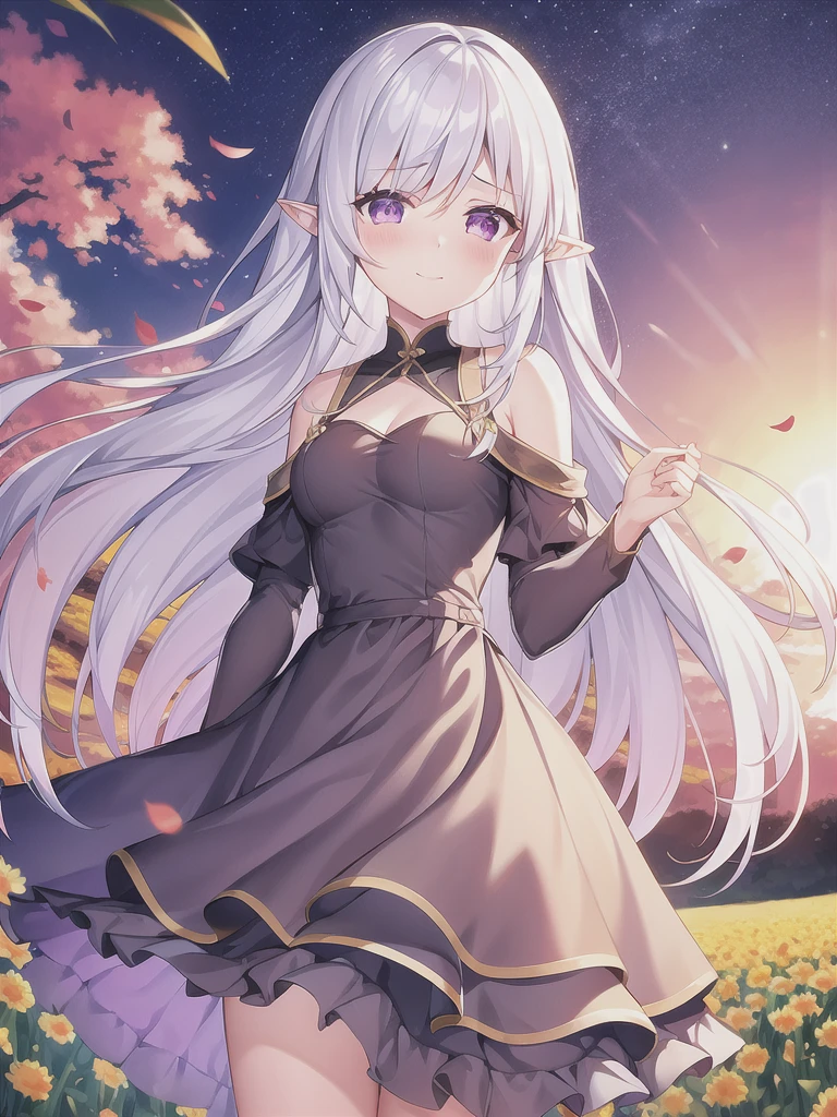 1girl, ((medium-small breasts)), standing in a flower field, (((happy))), crying, happy tears, tears, crying with eyes open, smile, ((full-face blush)), (thin eyebrows:-1), ((straight hair)), (hair intakes:1), white hair, (very long hair), purple eyes, (pointy ears), (((from front))), close-up, ((sunset)), flower field, meadowlands, masterpiece,