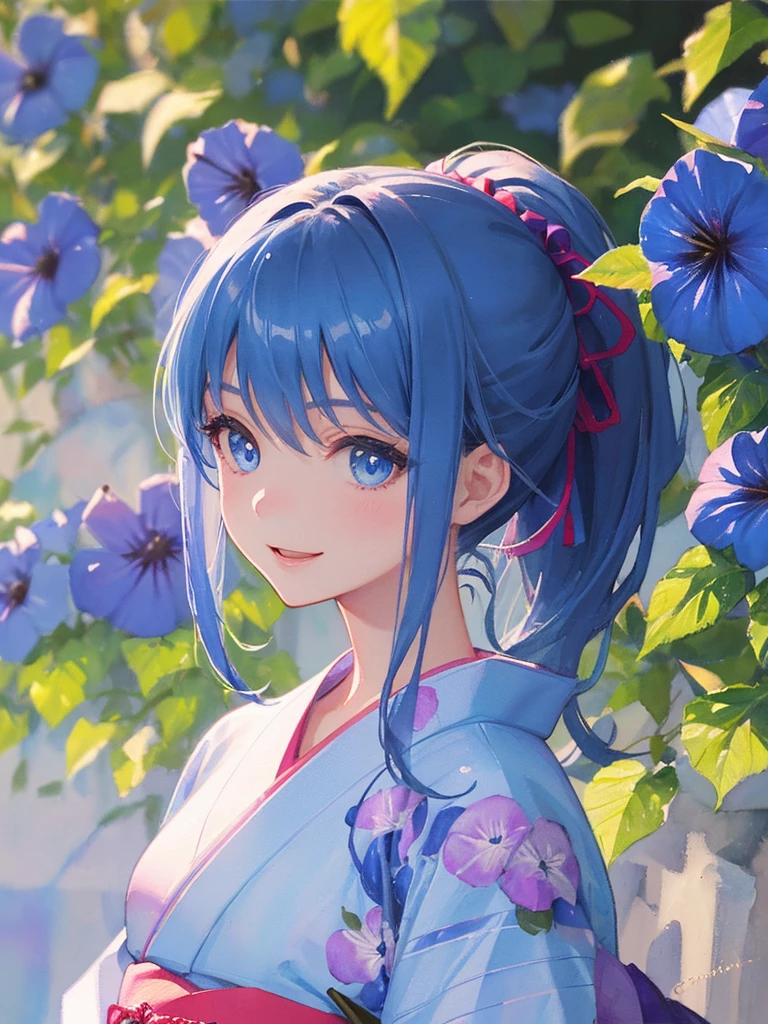 art by Cornflower,(​master piece),(top-quality:1.2),Super detailed,Watercolor style,(perfect anatomy),1 girl, (blue yukata),beautiful detailed blue eyes,(ponytail),small breasts,(sideways glance),open mouth,smile,(blue morning glory),Combination of digital illustration and photography,soft pastel tones,Depth of written boundary, Bokeh,film lighting