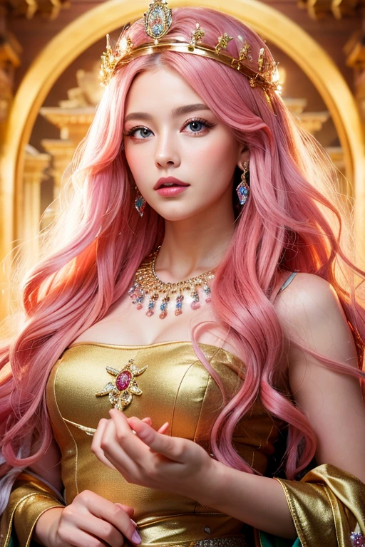 ((highest quality)), ((masterpiece)), (detailed), One girl,
A perfect face, an overwhelming goddess, long pink hair, mysterious and overwhelming, a sparkling crown, upper body viewed from the front, the background is the Temple of Athena