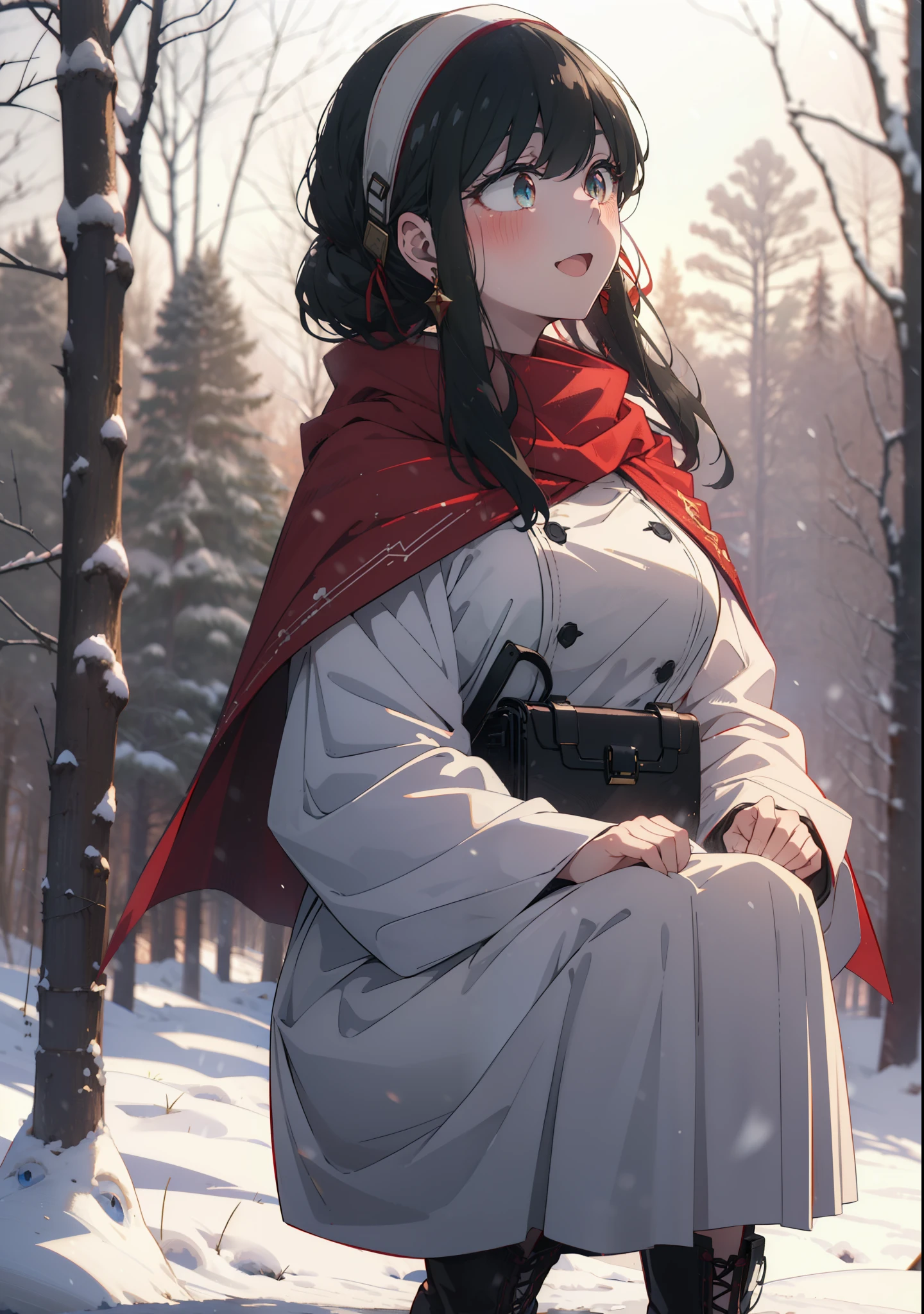 Your thorns, One Girl, blush, Black Hair,Red eyes, hair band, jewelry, Earrings, happy smile, smile, Open your mouth,
Open your mouth,snow,A bonfire on the ground, Outdoor, boots, snowing, From the side, wood, suitcase, Cape, Blurred, Eat food, forest, White handbag, nature,  Squat, Mouth closed, フードed Cape, winter, Written boundary depth, Black shoes, red Cape break looking at viewer, Upper Body, whole body, break Outdoor, forest, nature, break (masterpiece:1.2), highest quality, High resolution, unity 8k wallpaper, (shape:0.8), (Beautiful and beautiful eyes:1.6), Highly detailed face, Perfect lighting, Extremely detailed CG, (Perfect hands, Perfect Anatomy),