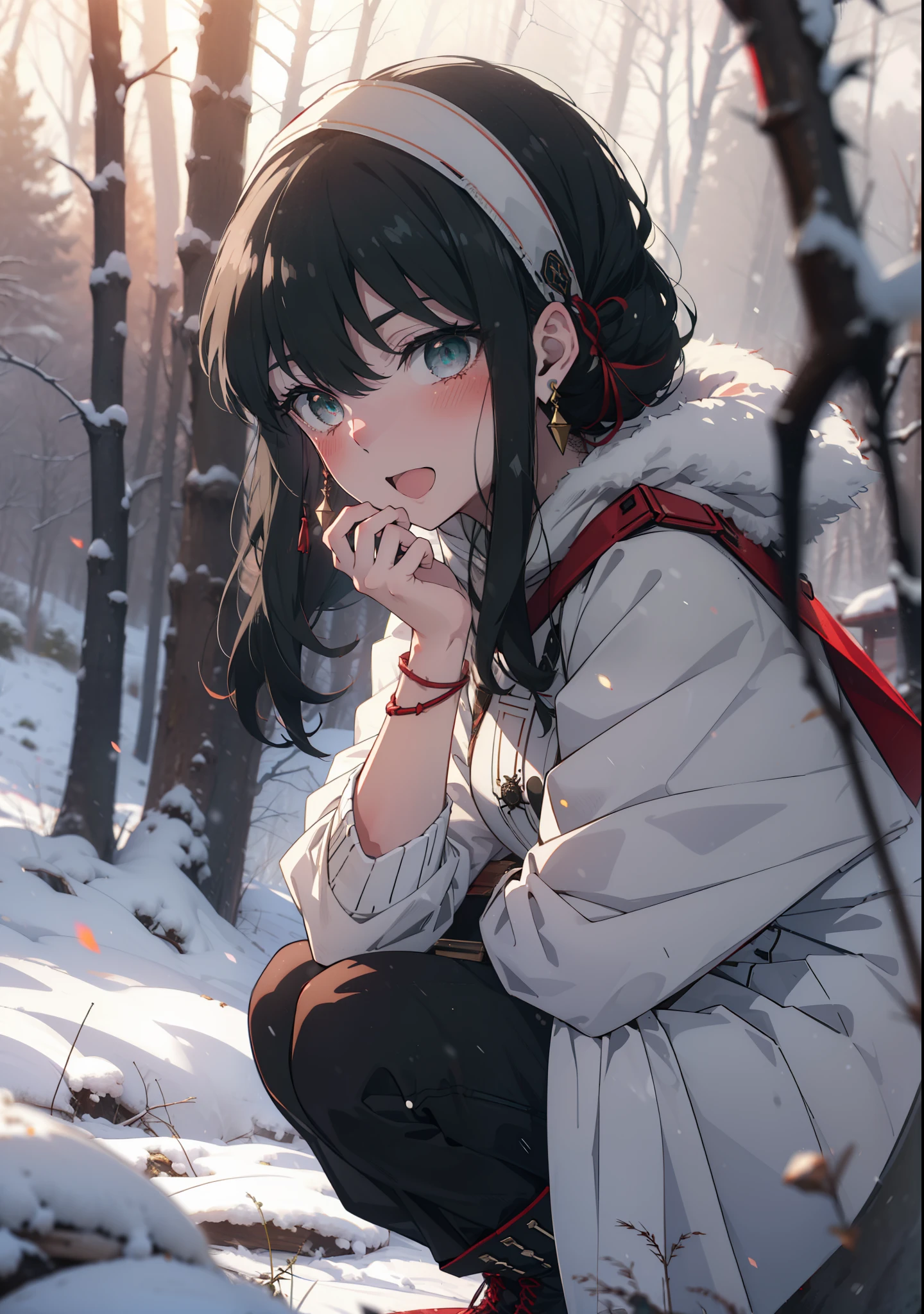 Your thorns, One Girl, blush, Black Hair,Red eyes, hair band, jewelry, Earrings, happy smile, smile, Open your mouth,
Open your mouth,snow,A bonfire on the ground, Outdoor, boots, snowing, From the side, wood, suitcase, Cape, Blurred, Eat food, forest, White handbag, nature, Squat, Mouth closed, フードed Cape, winter, Written boundary depth, Black shoes, red Cape break looking at viewer, Upper Body, whole body, break Outdoor, forest, nature, break (masterpiece:1.2), highest quality, High resolution, unity 8k wallpaper, (shape:0.8), (Beautiful and beautiful eyes:1.6), Highly detailed face, Perfect lighting, Extremely detailed CG, (Perfect hands, Perfect Anatomy),