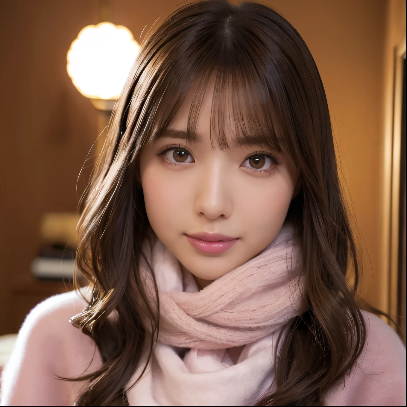 (Tabletop、highest quality、8k、Award-winning works、Ultra-high resolution)、One beautiful woman、(Roomy camisole:1.1)、Exactly、Brown Hair、blonde、(The most natural and accurate pink long scarf:1.2)、Very long wavy hair、Spectacular Cinema Lighting、(Romantic love mood:1.1)、(The most romantic and moody atmosphere:1.1)、Bedroom、Light up your face、ベッドが置いてあるBedroom、look at me、(Small, flat chest, girlish:1.1)、(Body lines can be seen through:1.1)、Chestnut-coloured hair、Blurred Background、Accurate anatomy、Ultra HD Hair、Ultra-high resolutionの完璧な美しい歯、Ultra-high definition beauty face、Ultra HD Hair、Ultra-high definition sparkling eyes、輝くUltra-high resolutionの美肌、Ultra-high resolutionの艶やかな唇、(Face close-up:1.3)