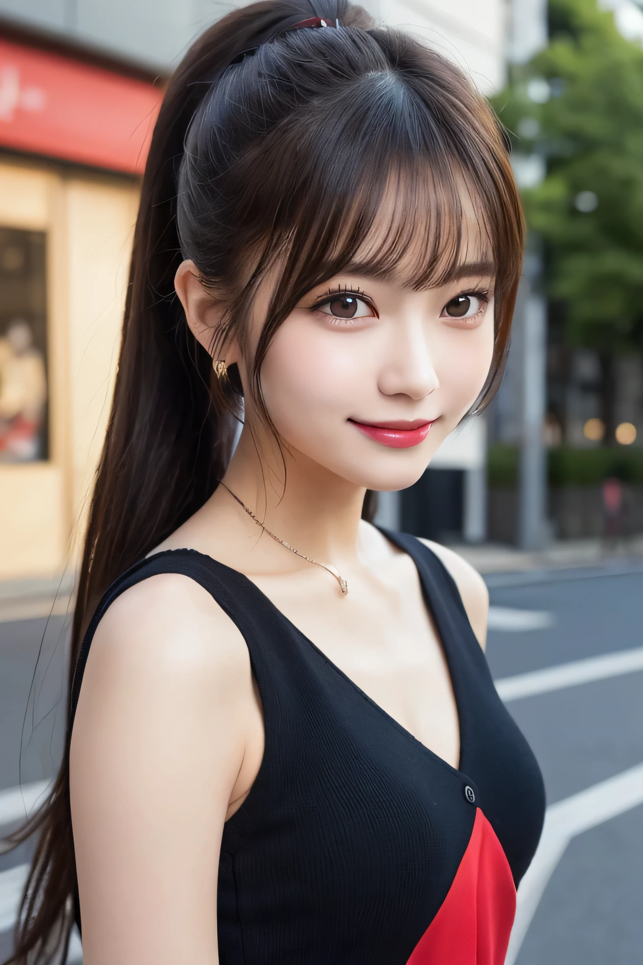 masutepiece, Best Quality, Illustration, Ultra-detailed, finely detail, hight resolution, 8K Wallpaper, Perfect dynamic composition, Beautiful detailed eyes, Women's Fashion Summer,Ponytail Hair,mid-chest, Natural Color Lip, Bold sexy poses,Smile,Harajuku、20 years girl、Cute、Sexy shot looking at camera